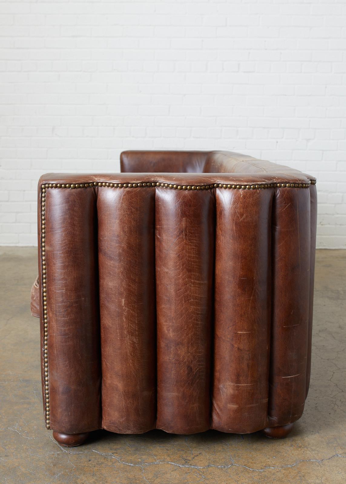 French Art Deco Style Cigar Leather Channel Back Sofa 1