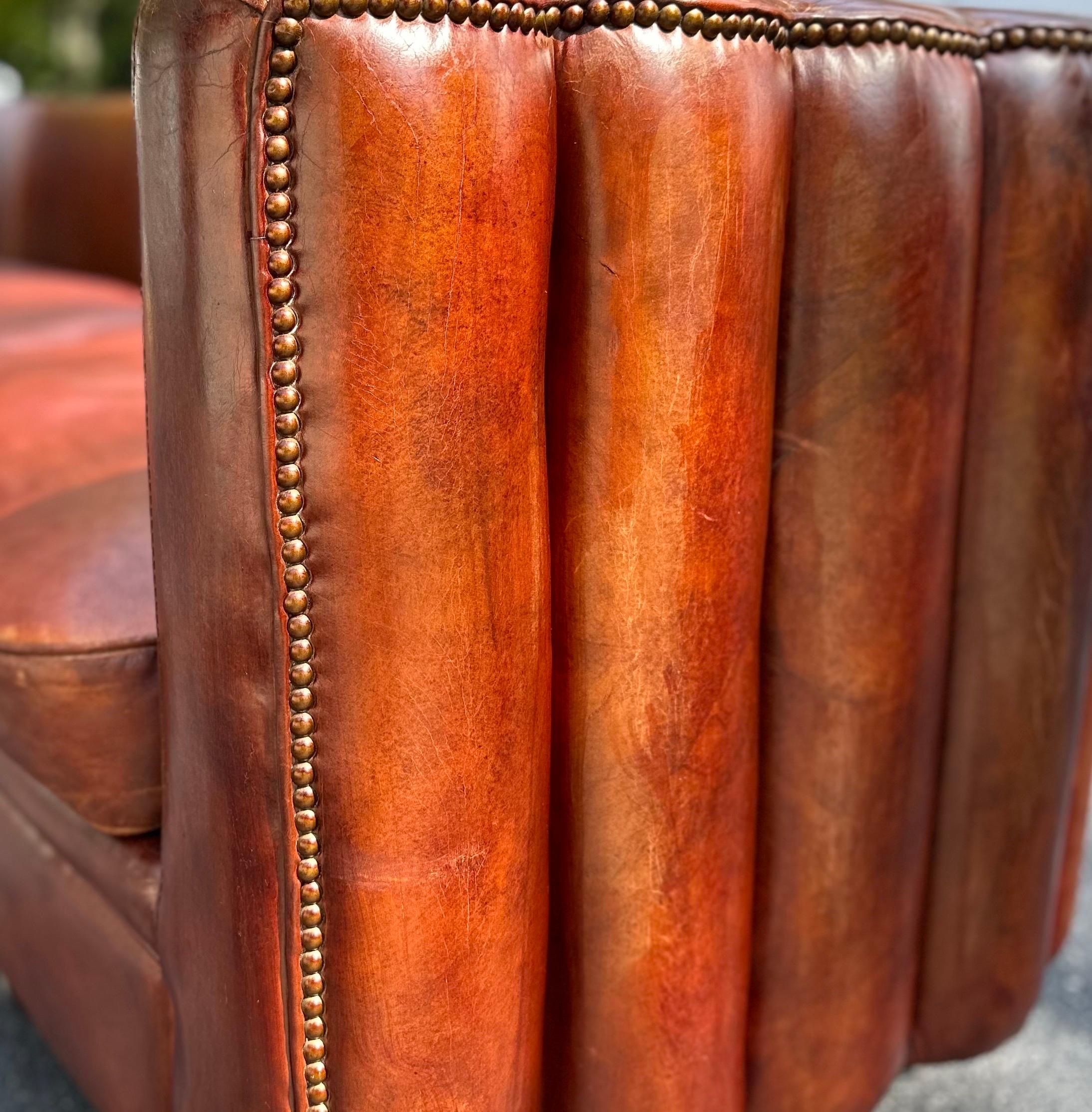 French Art Deco Style Cigar Leather Channel Back Sofa 3