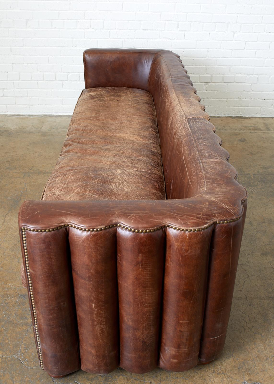 French Art Deco Style Cigar Leather Channel Back Sofa 2