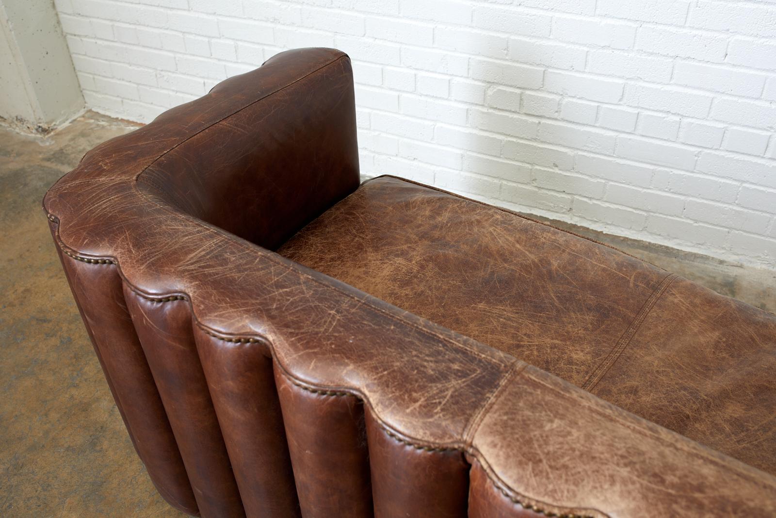 French Art Deco Style Cigar Leather Channel Back Sofa 3