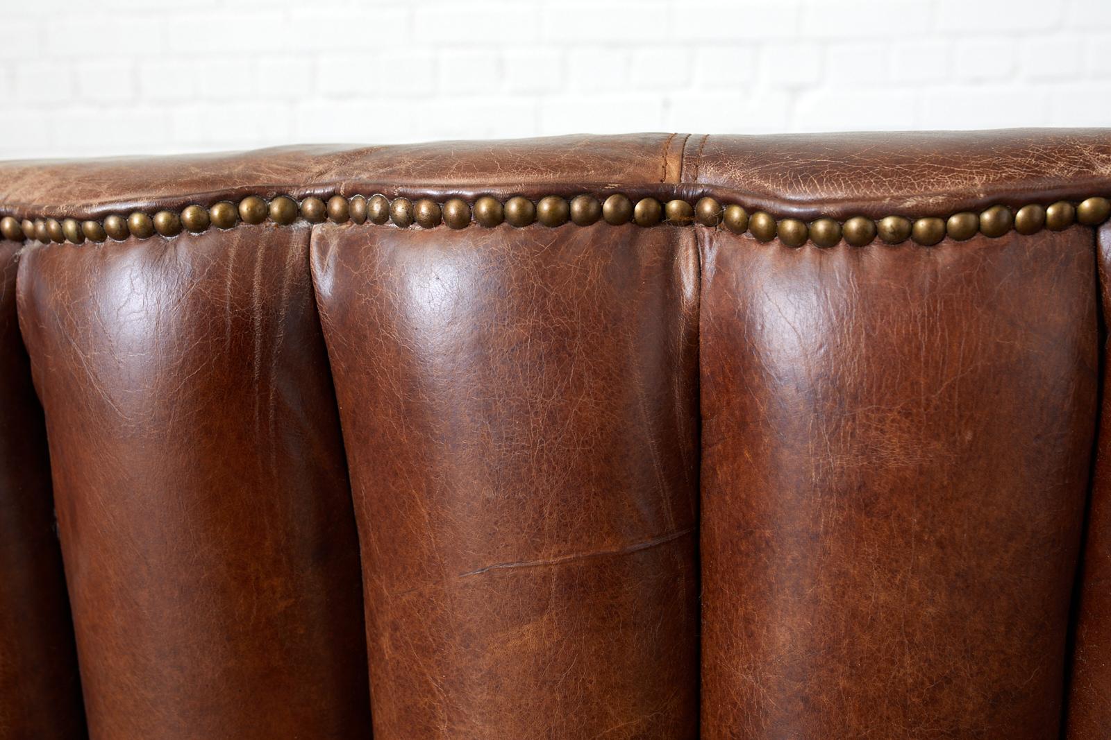 French Art Deco Style Cigar Leather Channel Back Sofa 4