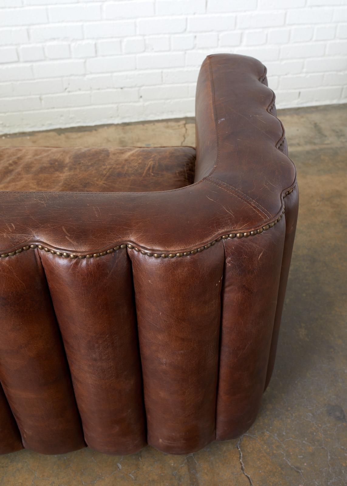 French Art Deco Style Cigar Leather Channel Back Sofa 5