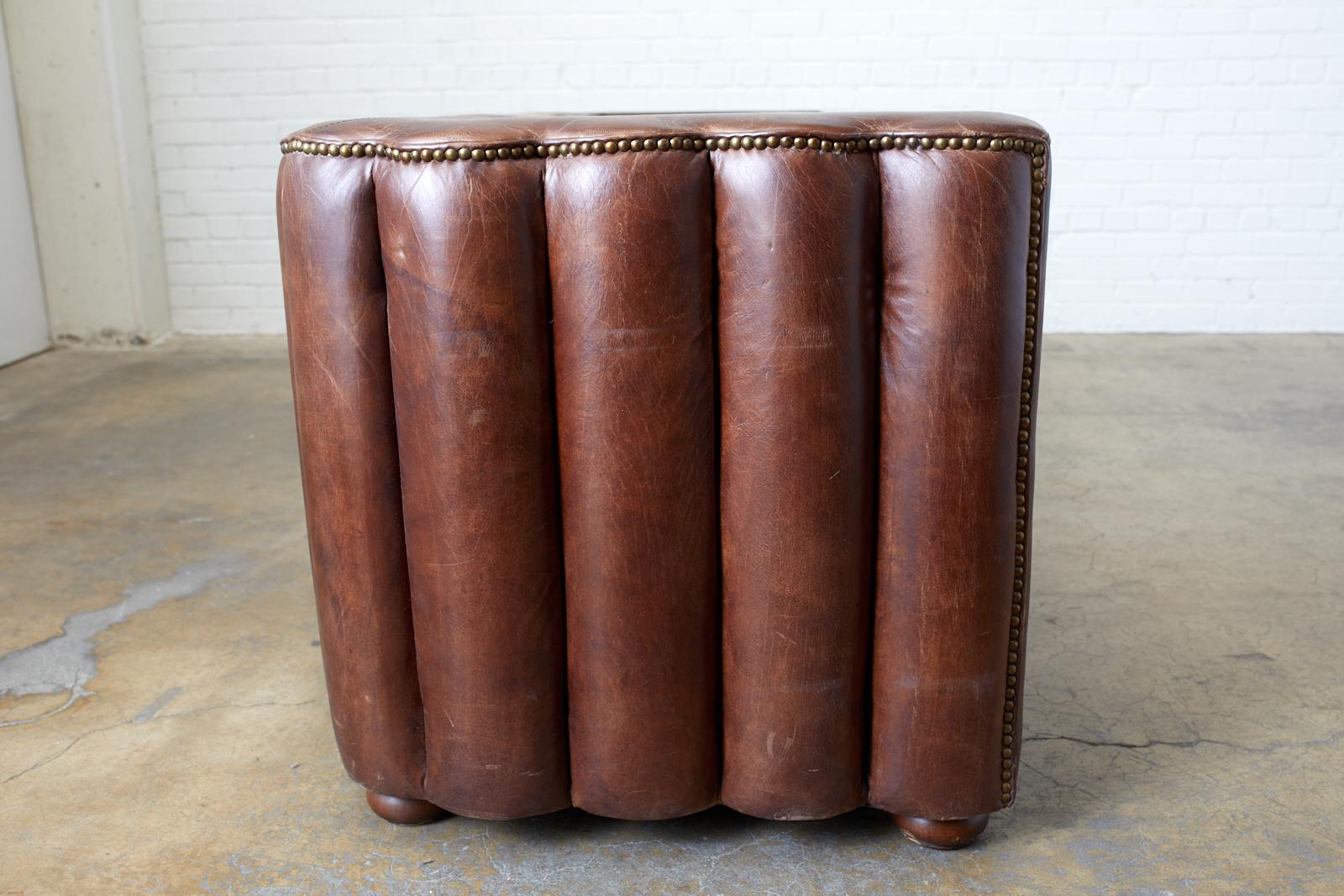 French Art Deco Style Cigar Leather Channel Back Sofa 6