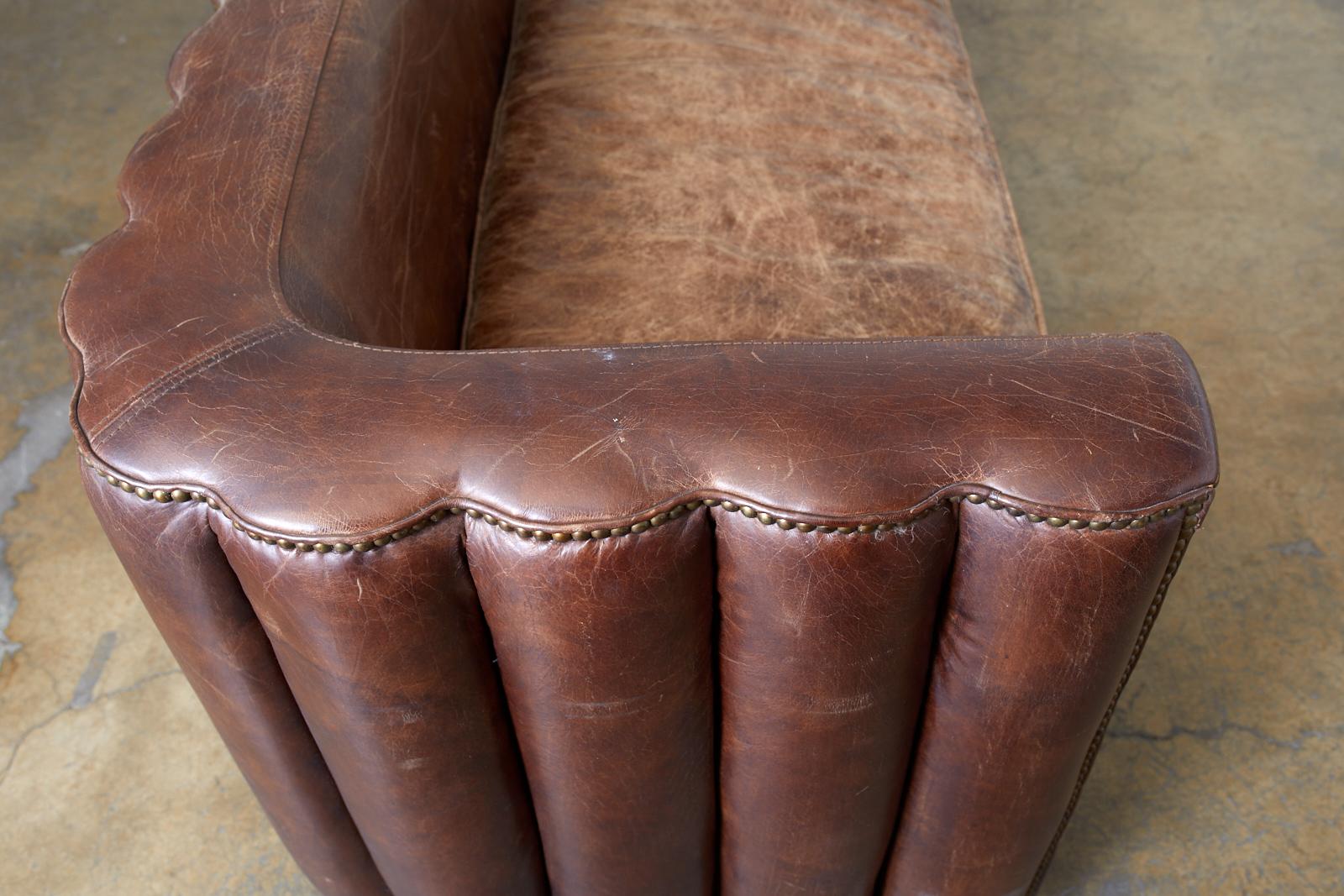 French Art Deco Style Cigar Leather Channel Back Sofa 8