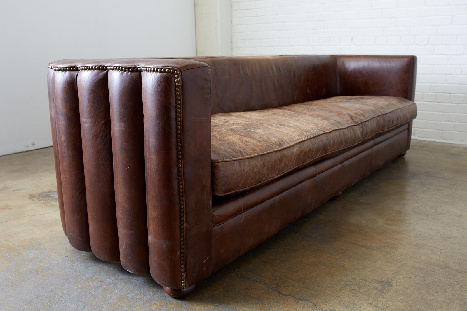 French Art Deco Style Cigar Leather Channel Back Sofa 9