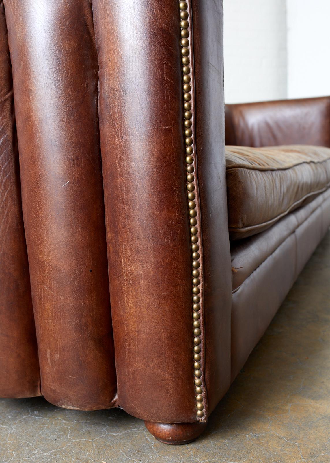 French Art Deco Style Cigar Leather Channel Back Sofa 10