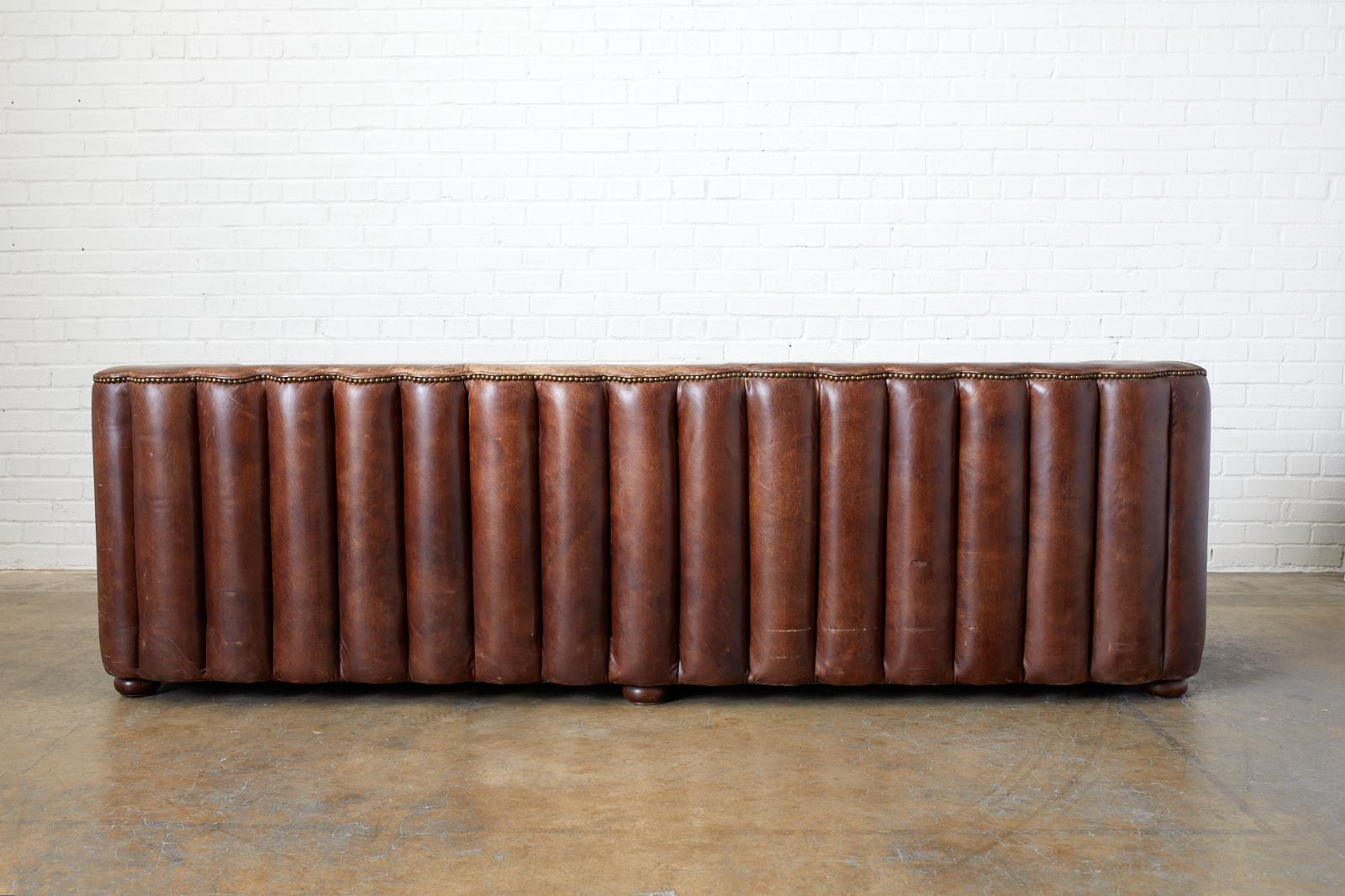 French Art Deco Style Cigar Leather Channel Back Sofa 11