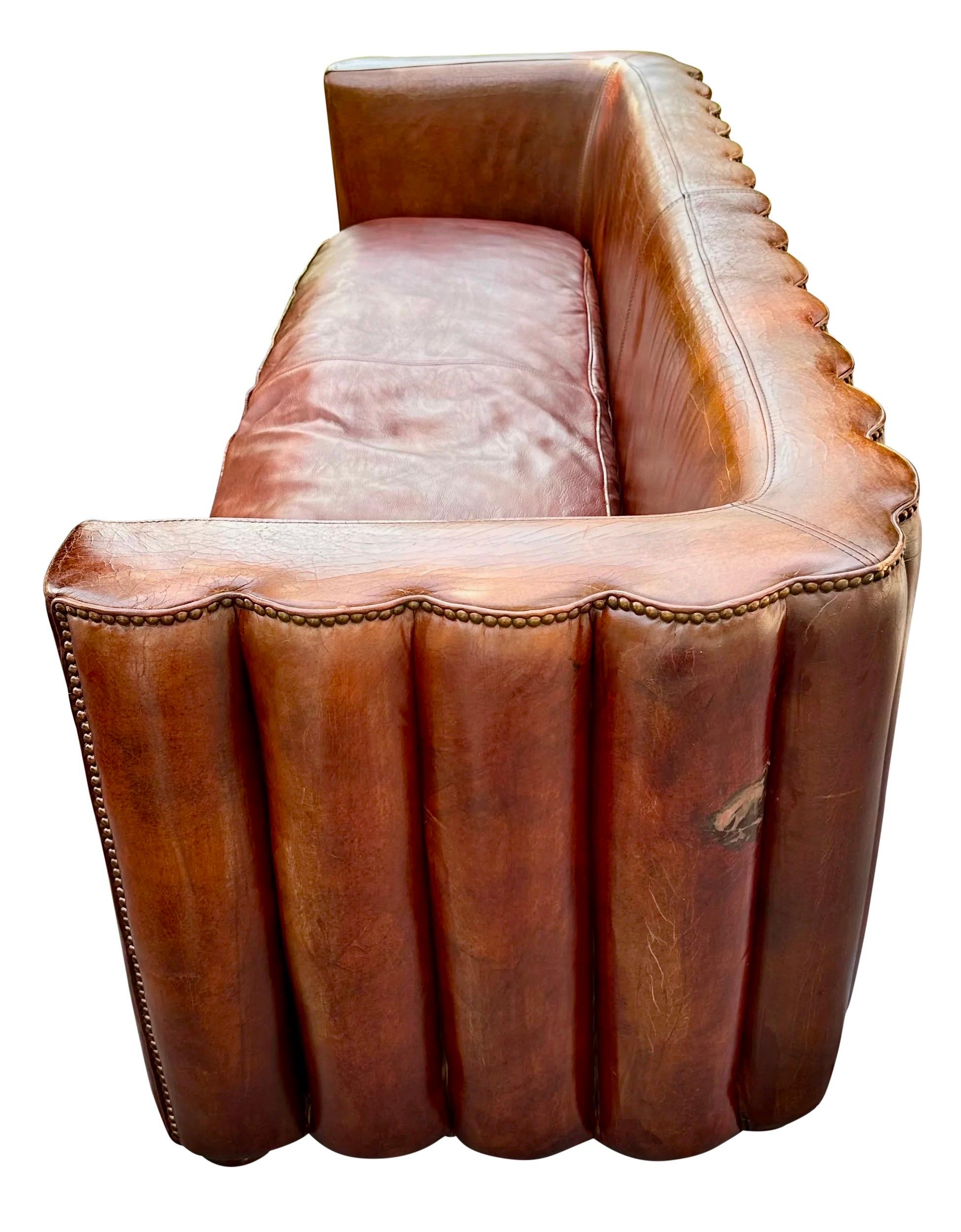 American French Art Deco Style Cigar Leather Channel Back Sofa