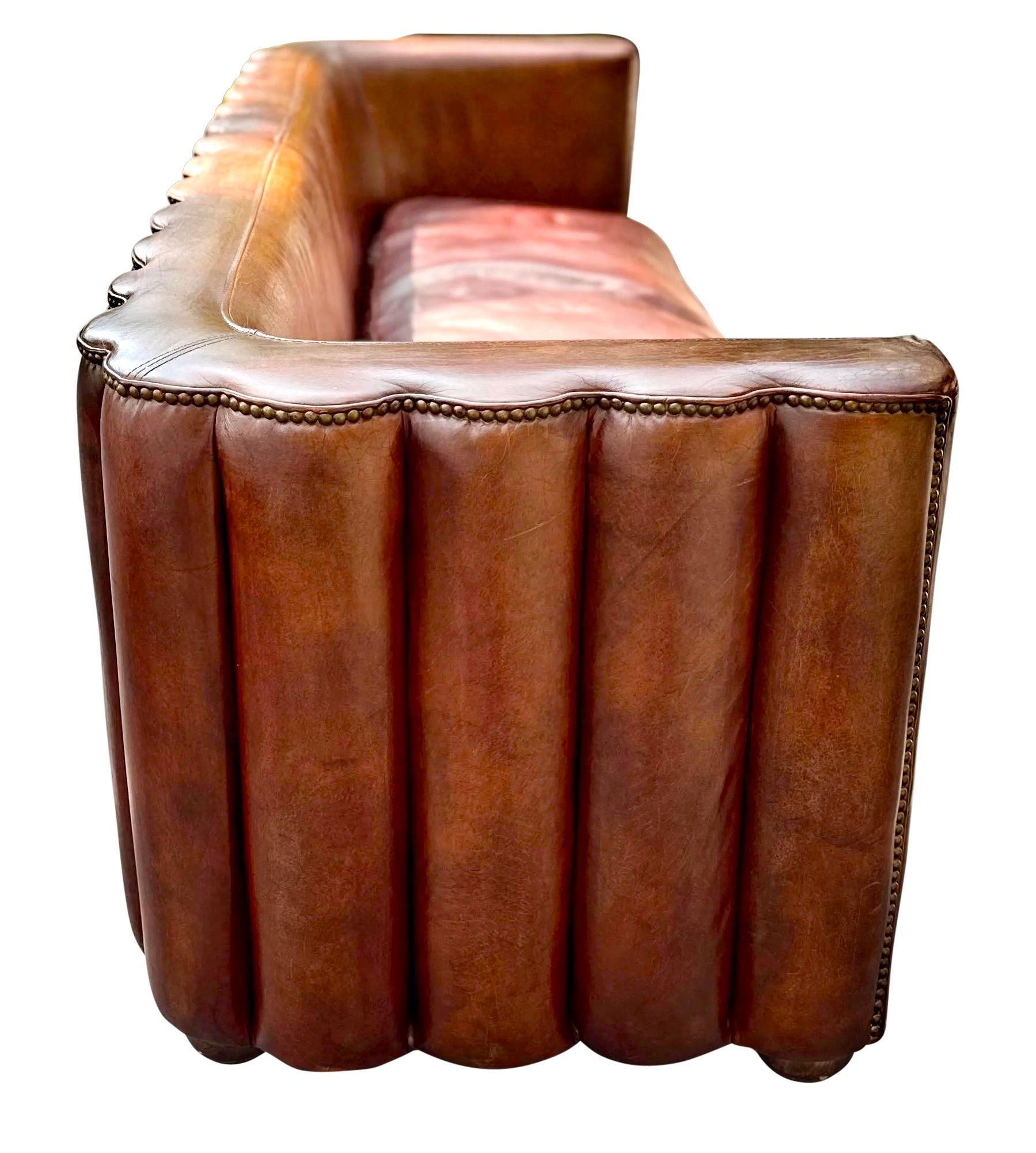 Hand-Crafted French Art Deco Style Cigar Leather Channel Back Sofa