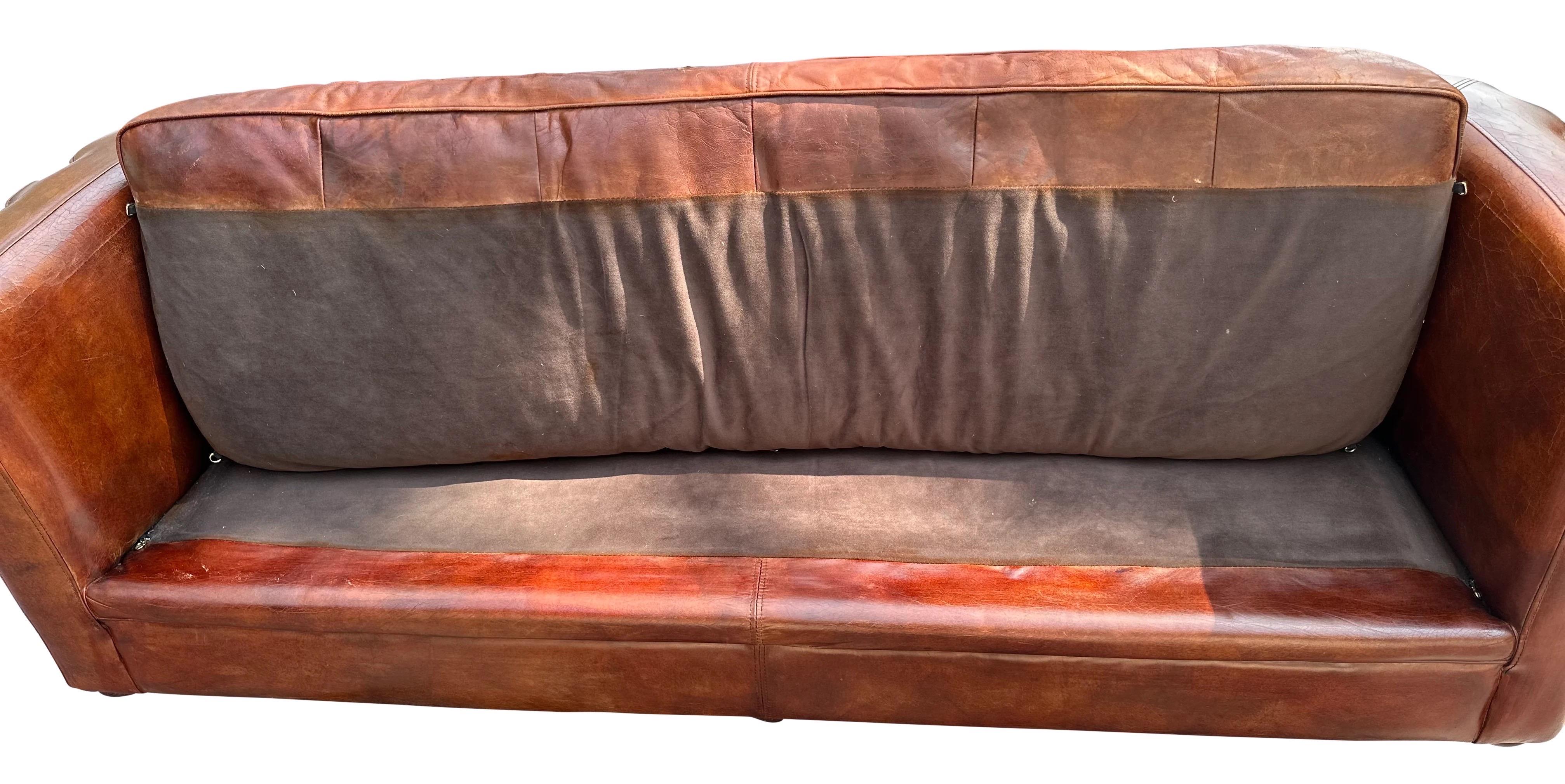 French Art Deco Style Cigar Leather Channel Back Sofa In Good Condition In Brooklyn, NY