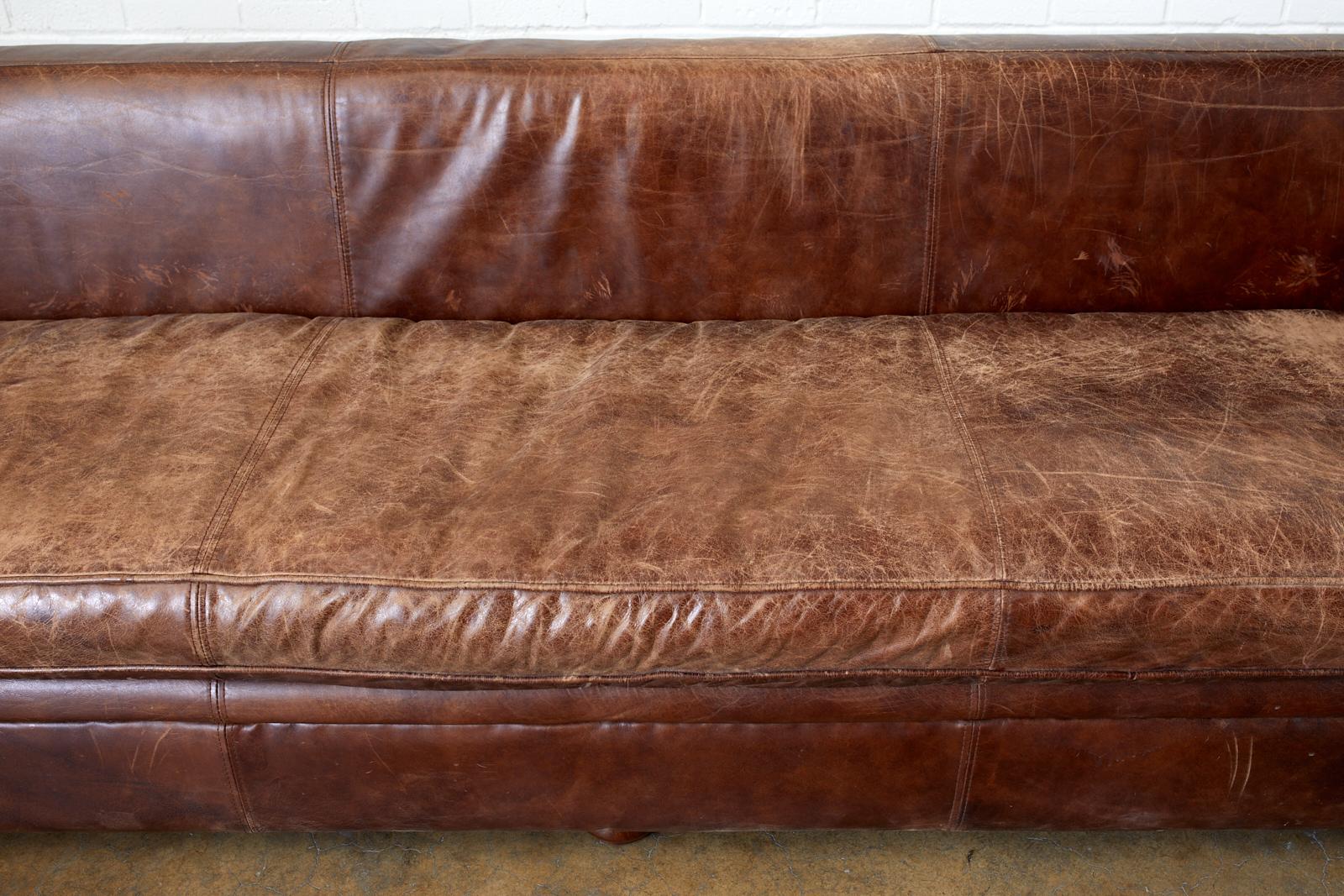 Hand-Crafted French Art Deco Style Cigar Leather Channel Back Sofa