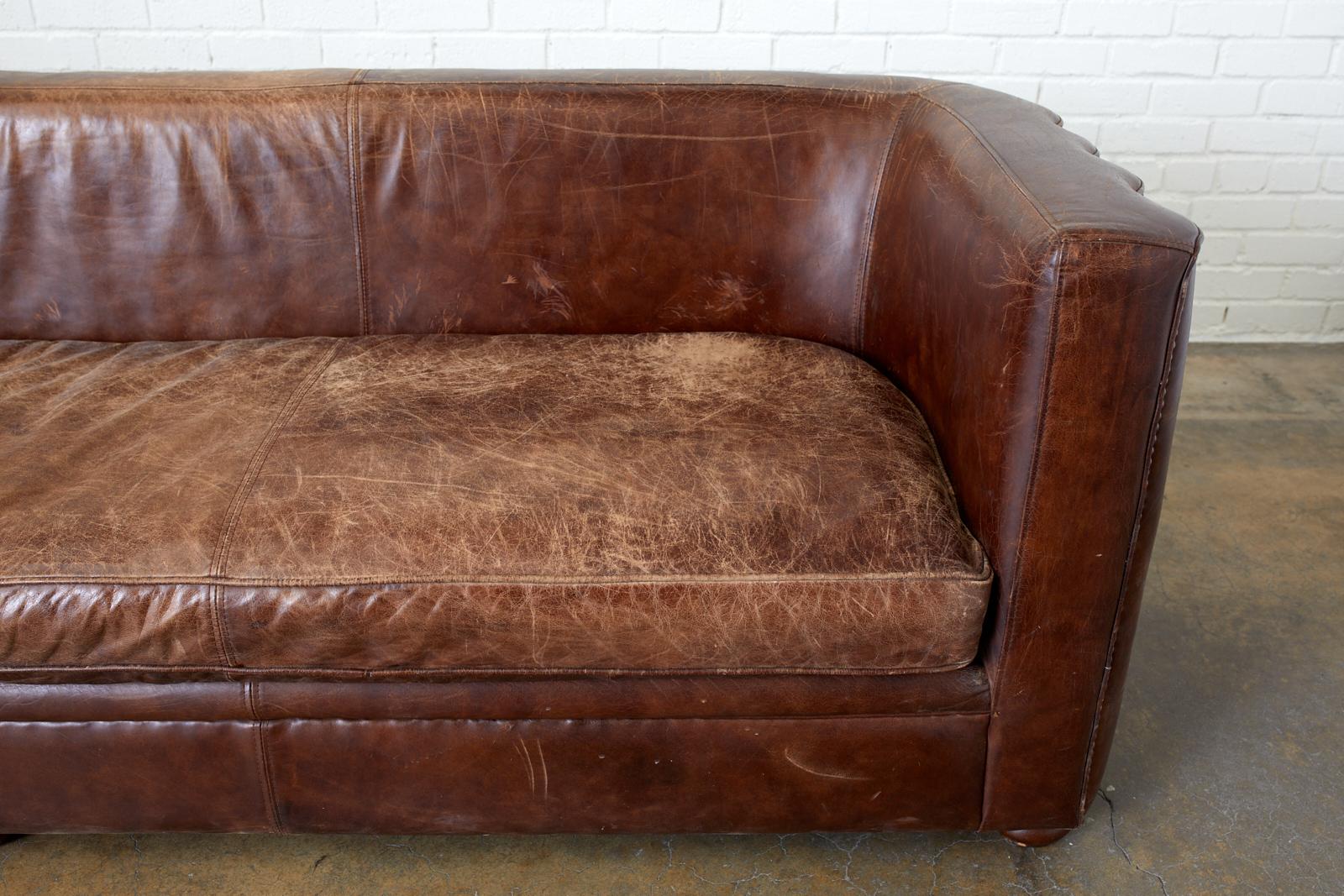 French Art Deco Style Cigar Leather Channel Back Sofa In Distressed Condition In Rio Vista, CA