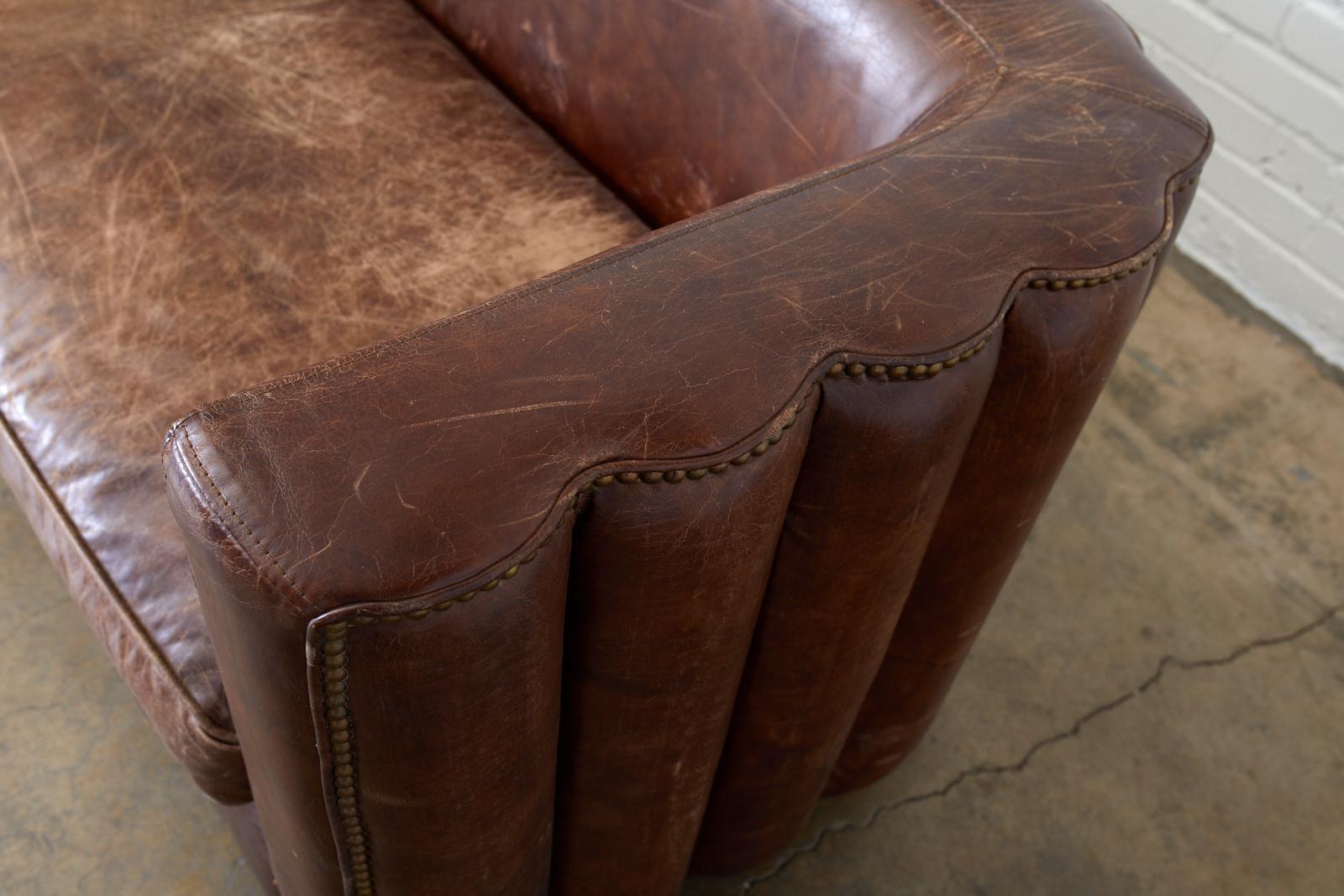 Contemporary French Art Deco Style Cigar Leather Channel Back Sofa