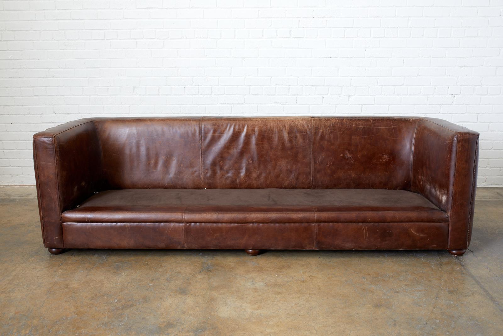 Brass French Art Deco Style Cigar Leather Channel Back Sofa