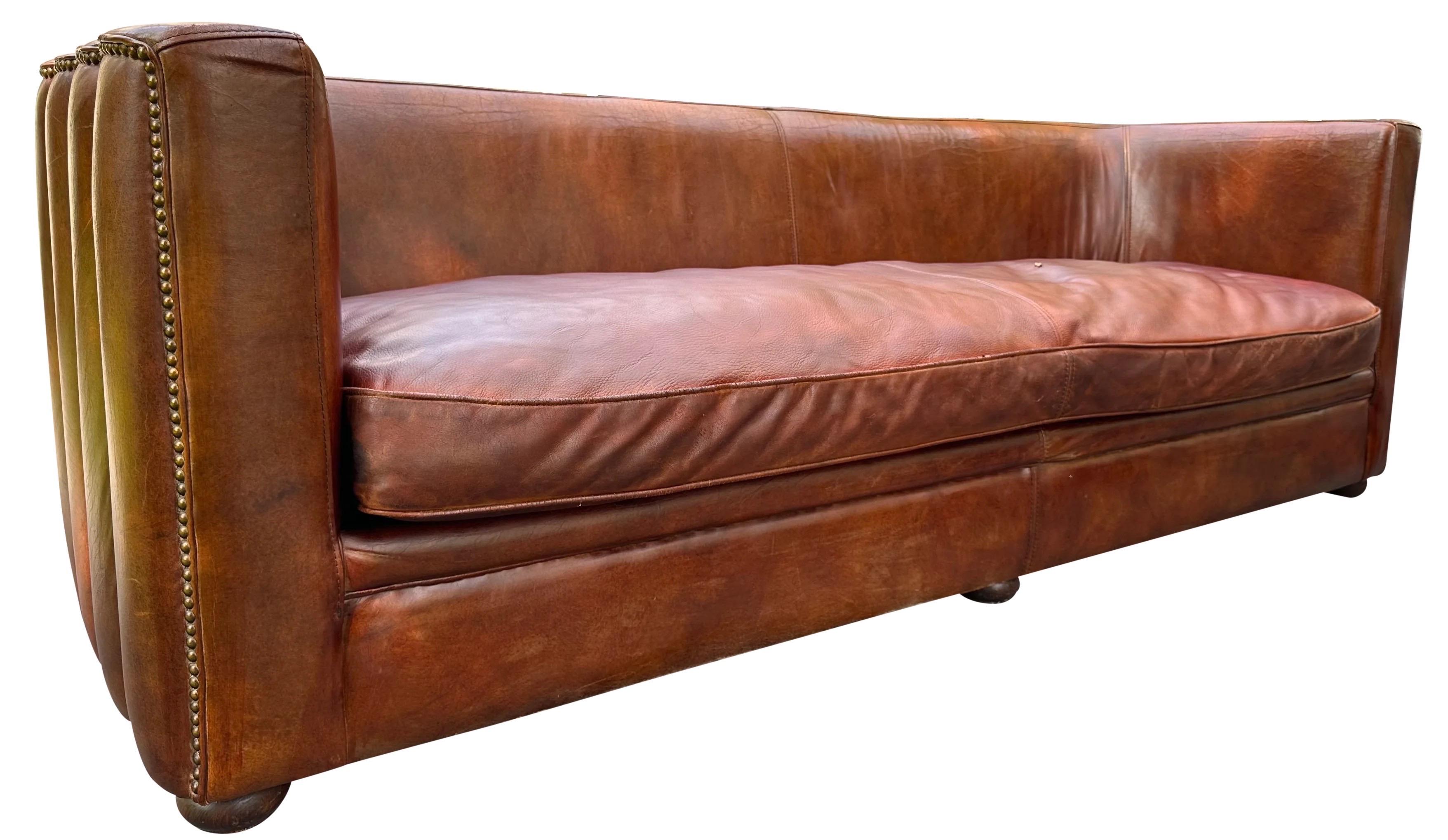 French Art Deco Style Cigar Leather Channel Back Sofa 2