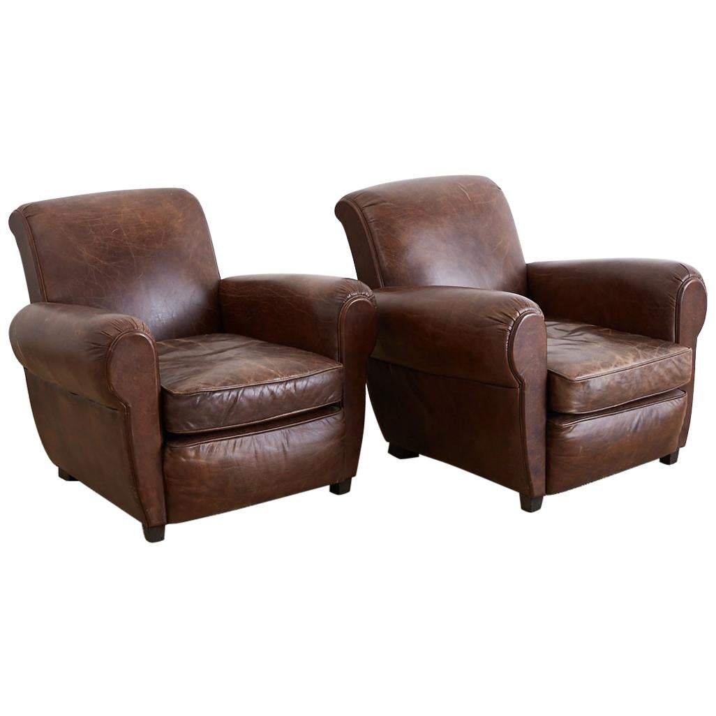 French Art Deco Style Cigar Leather Club Chairs