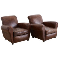 Vintage French Art Deco Style Cigar Leather Club Chairs