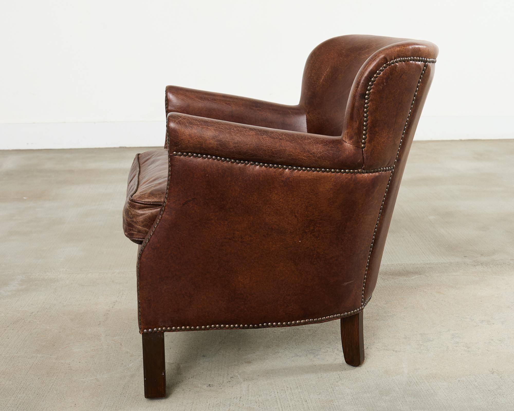 French Art Deco Style Cigar Leather Wing Back Club Chair in vendita 2