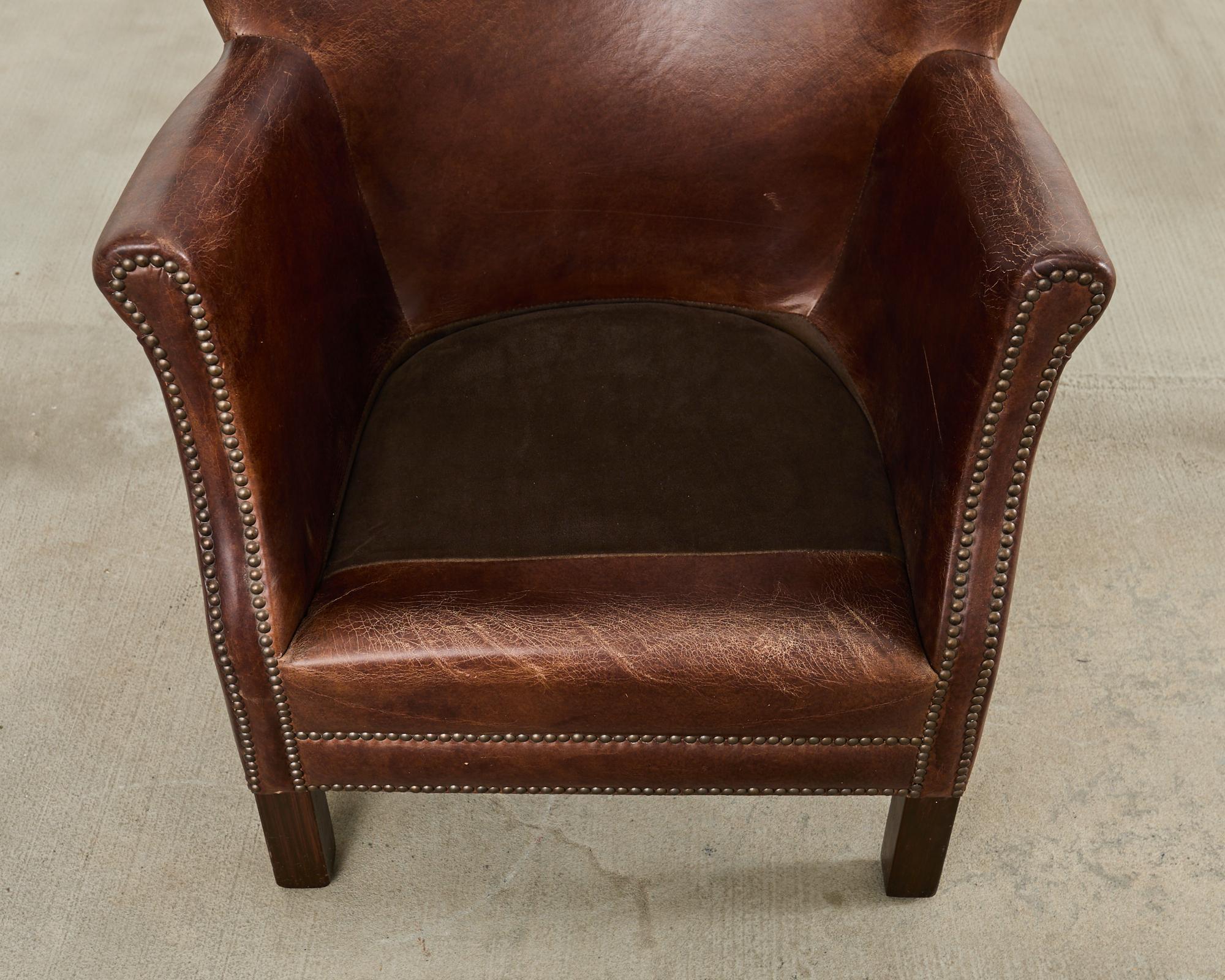 French Art Deco Style Cigar Leather Wing Back Club Chair in vendita 3