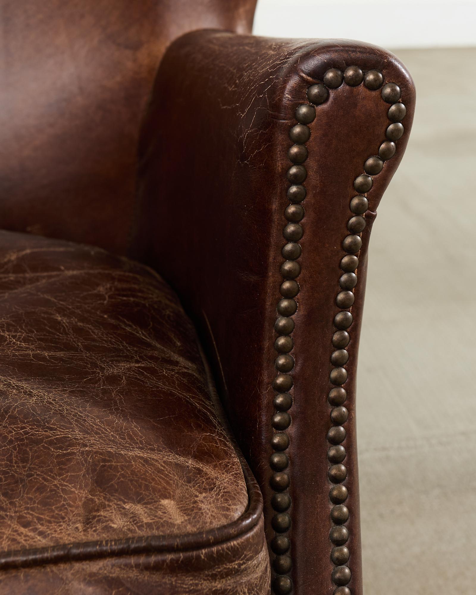 French Art Deco Style Cigar Leather Wing Back Club Chair in vendita 4