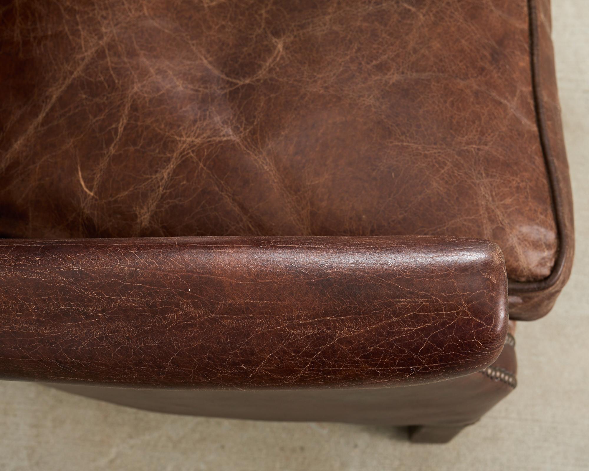 French Art Deco Style Cigar Leather Wing Back Club Chair in vendita 5