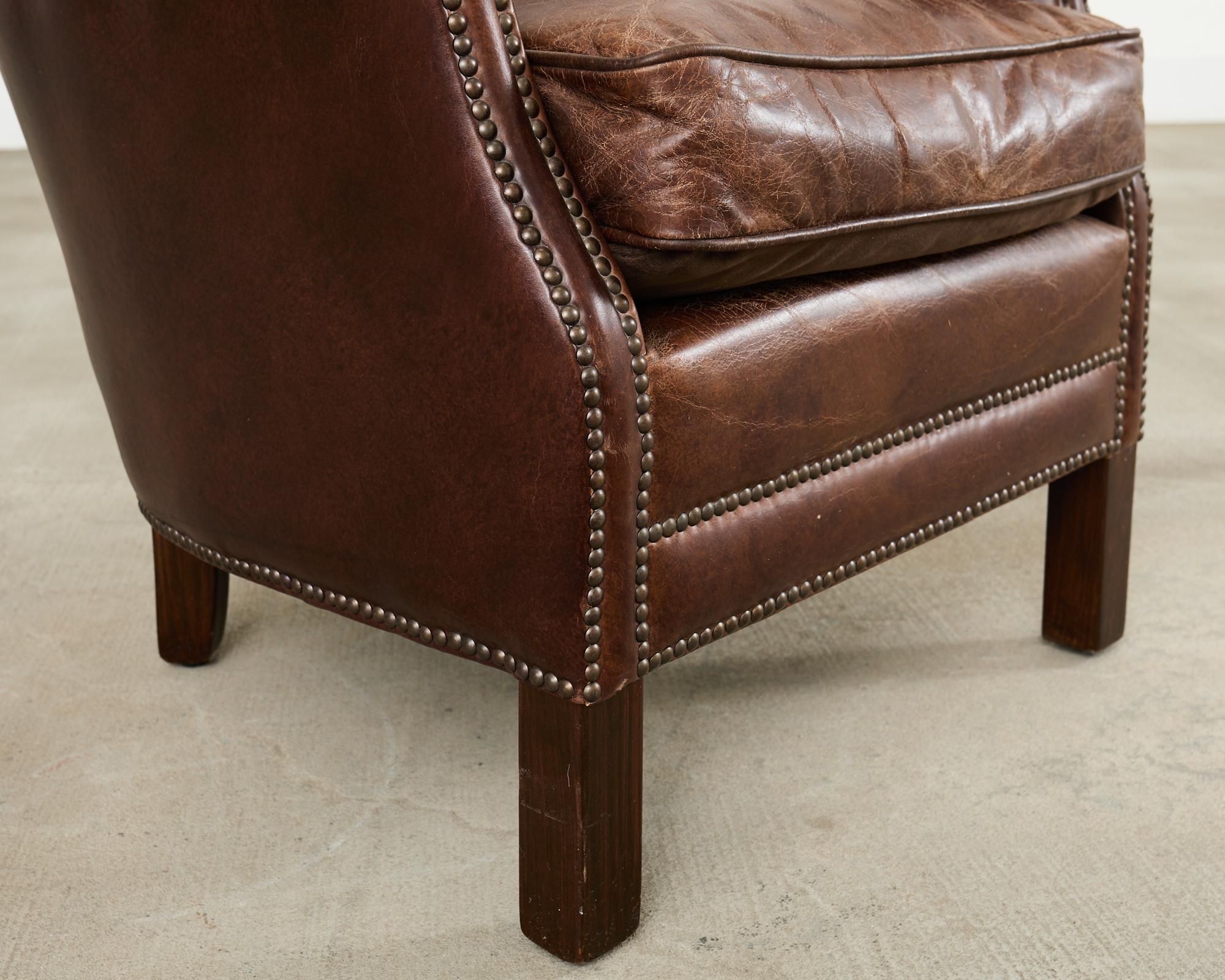 French Art Deco Style Cigar Leather Wing Back Club Chair in vendita 6