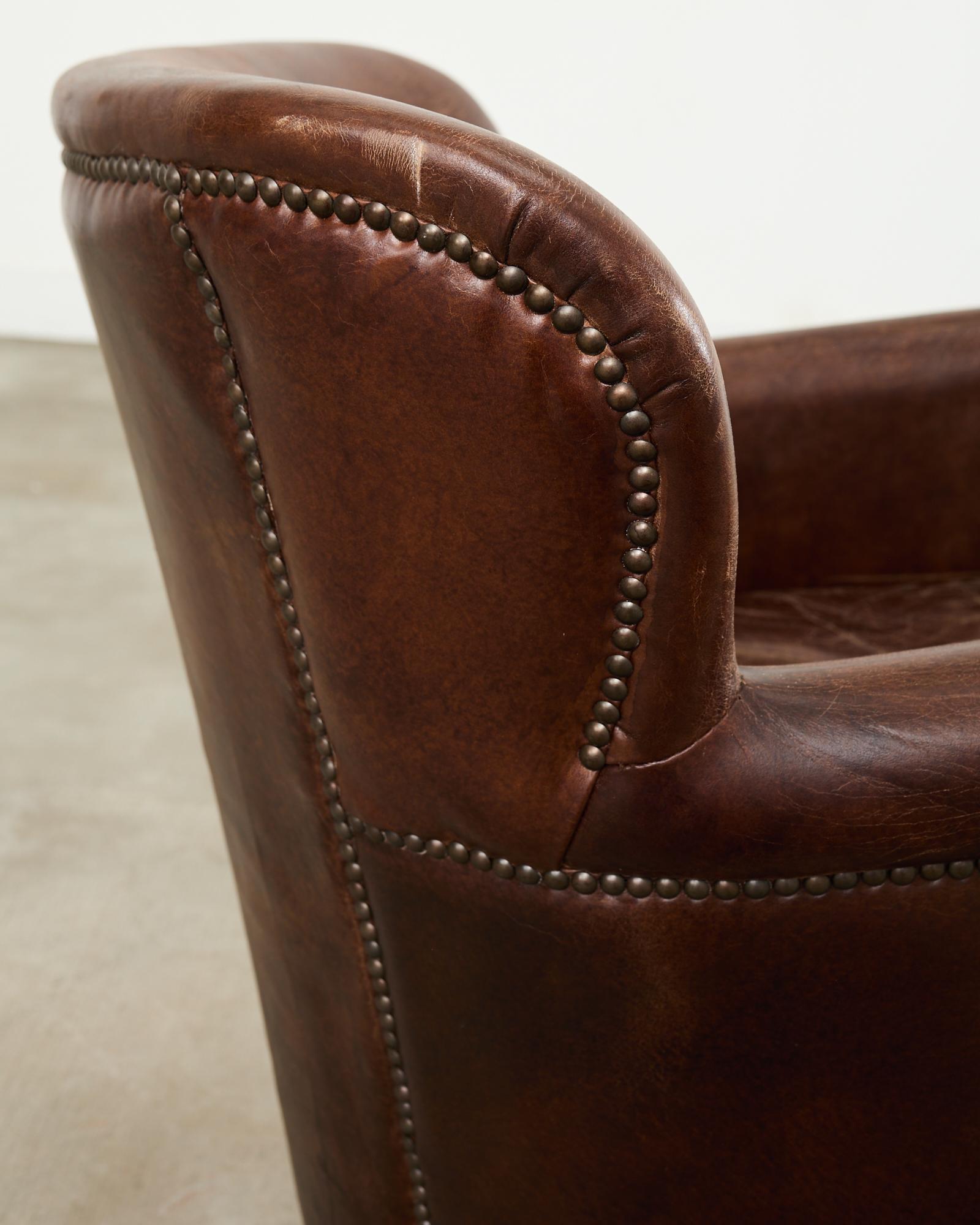 French Art Deco Style Cigar Leather Wing Back Club Chair in vendita 7