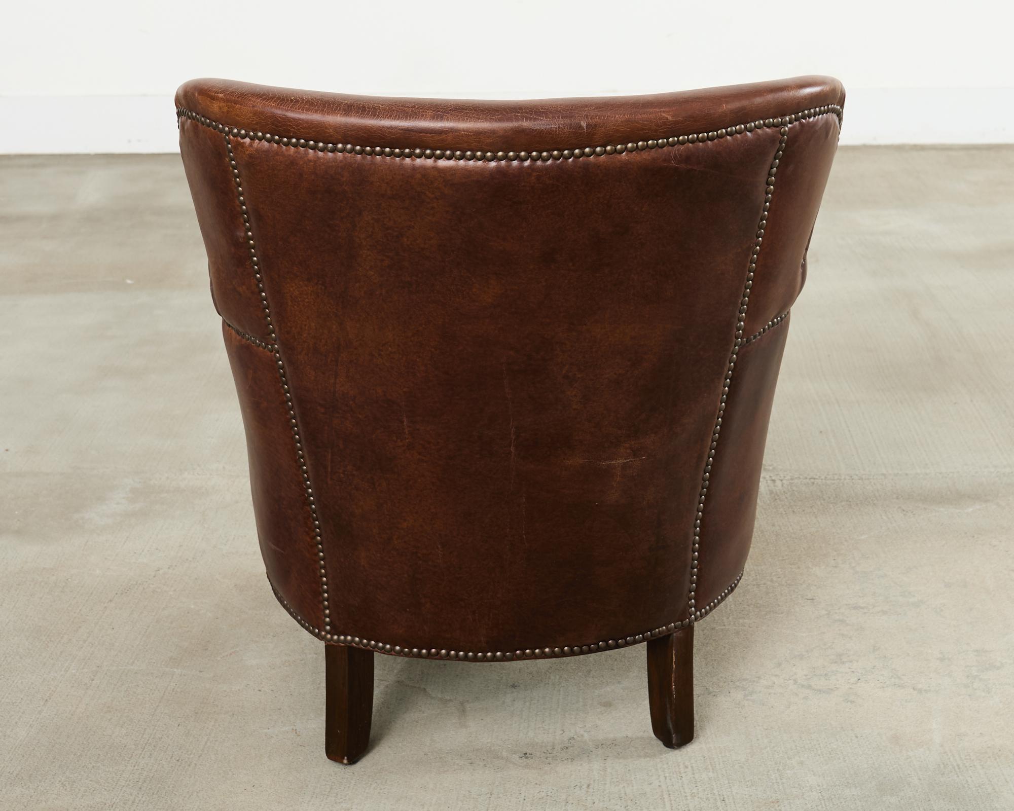 French Art Deco Style Cigar Leather Wing Back Club Chair in vendita 8