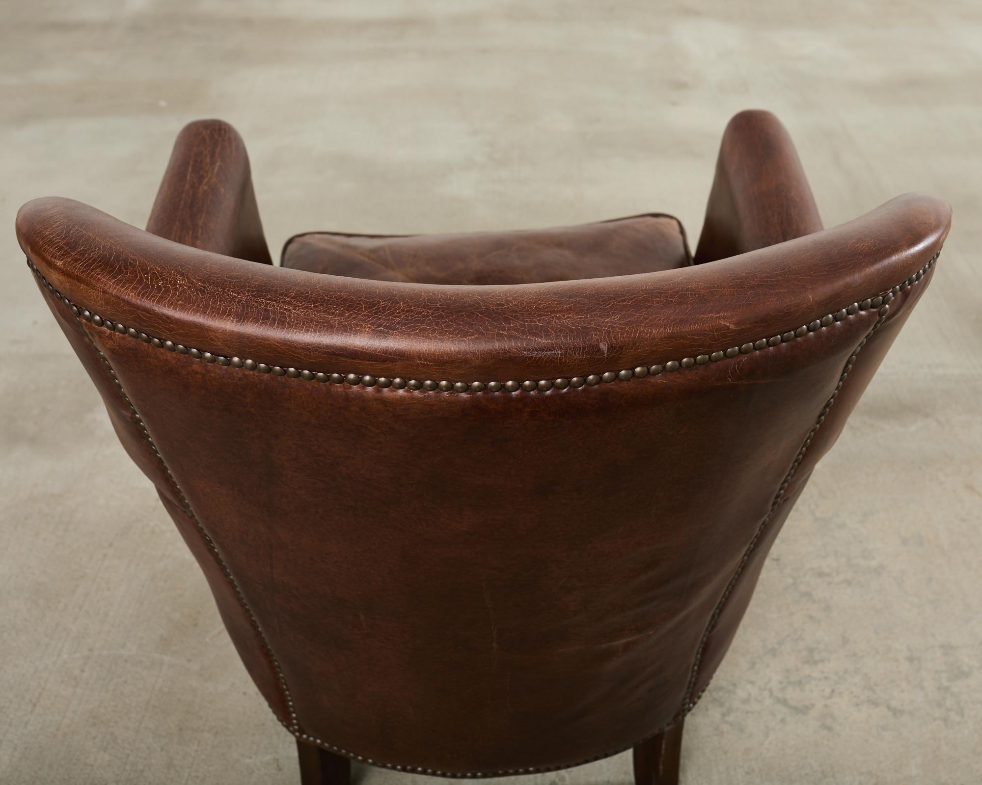 French Art Deco Style Cigar Leather Wing Back Club Chair in vendita 9