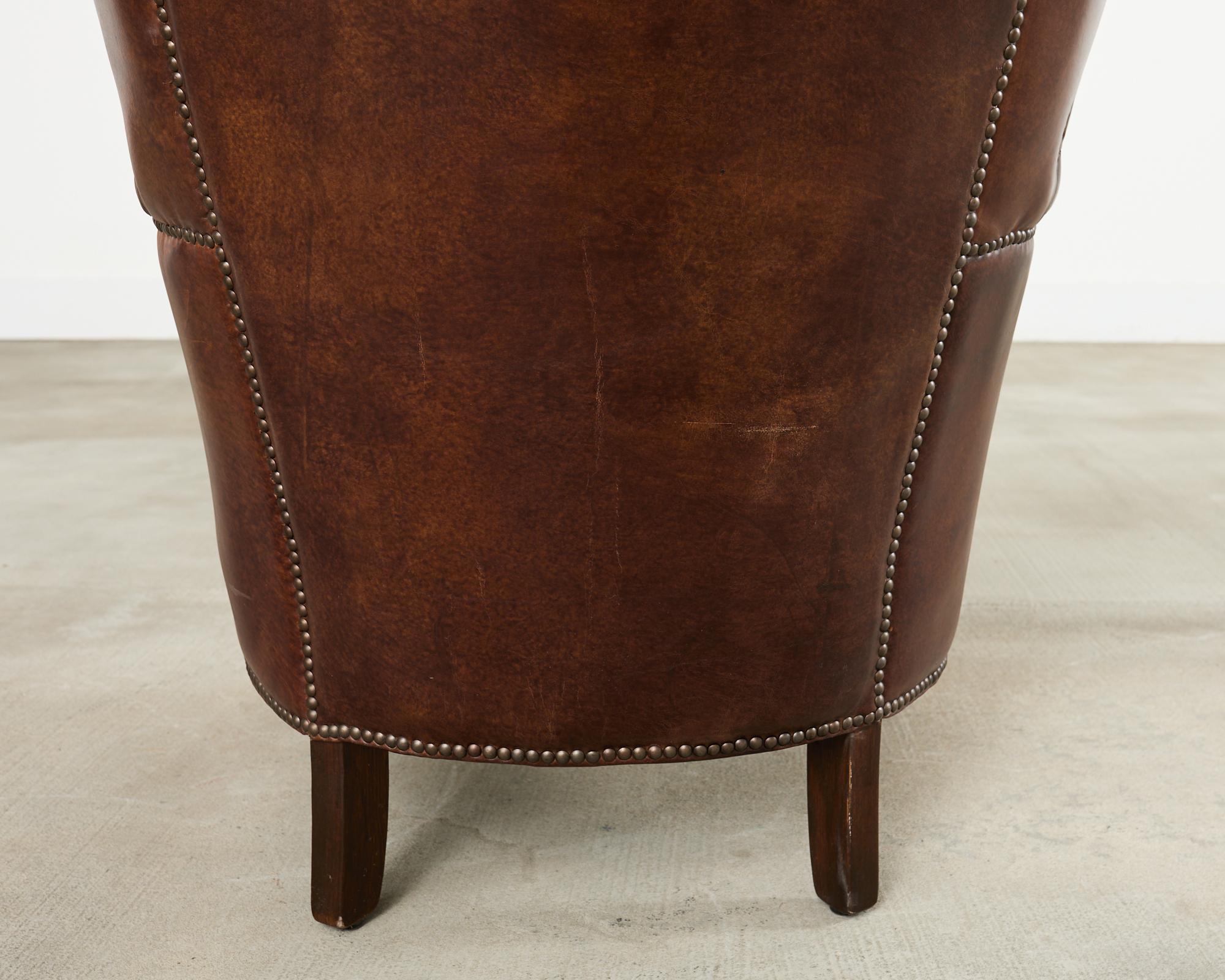 French Art Deco Style Cigar Leather Wing Back Club Chair in vendita 10