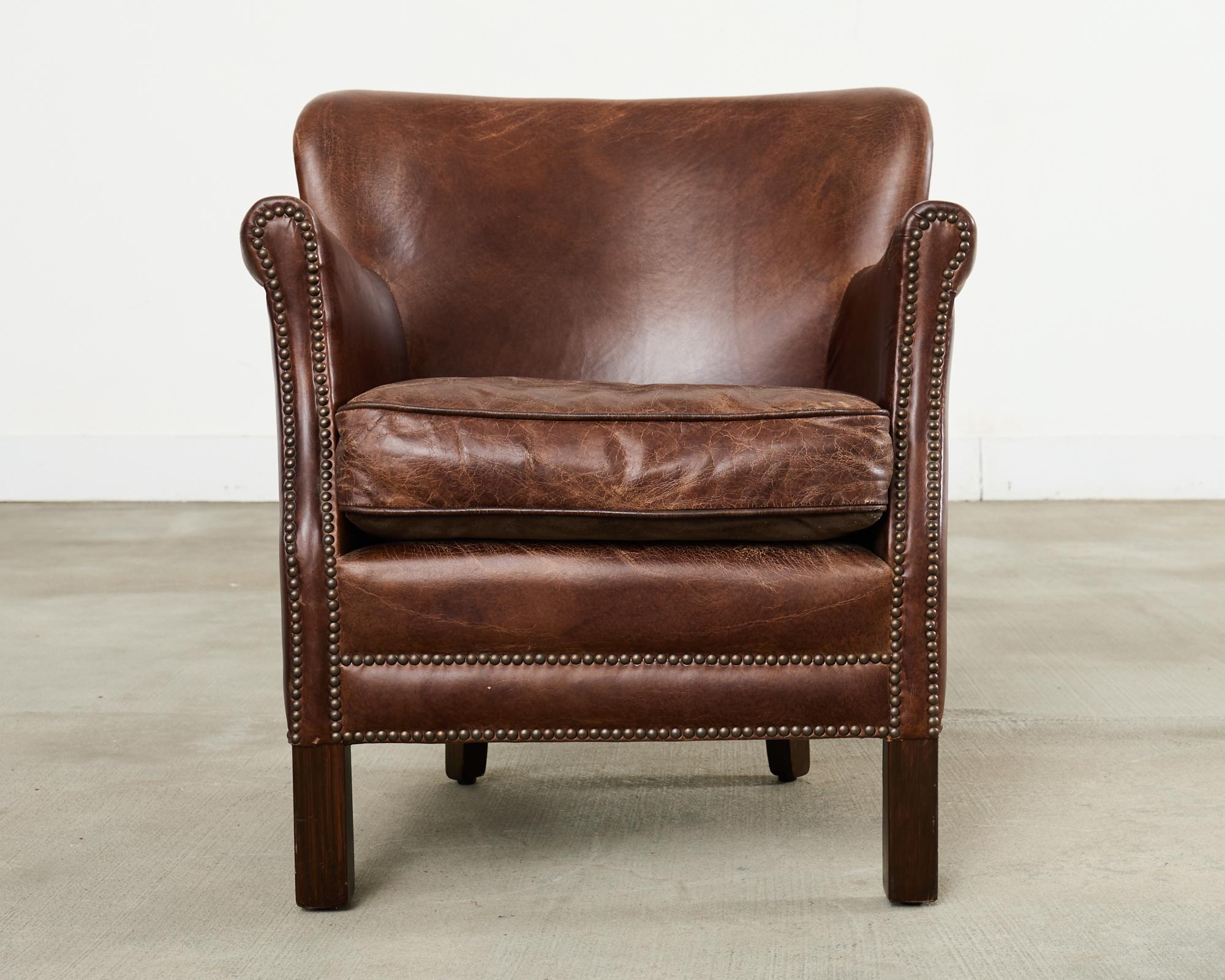 Art Déco French Art Deco Style Cigar Leather Wing Back Club Chair in vendita