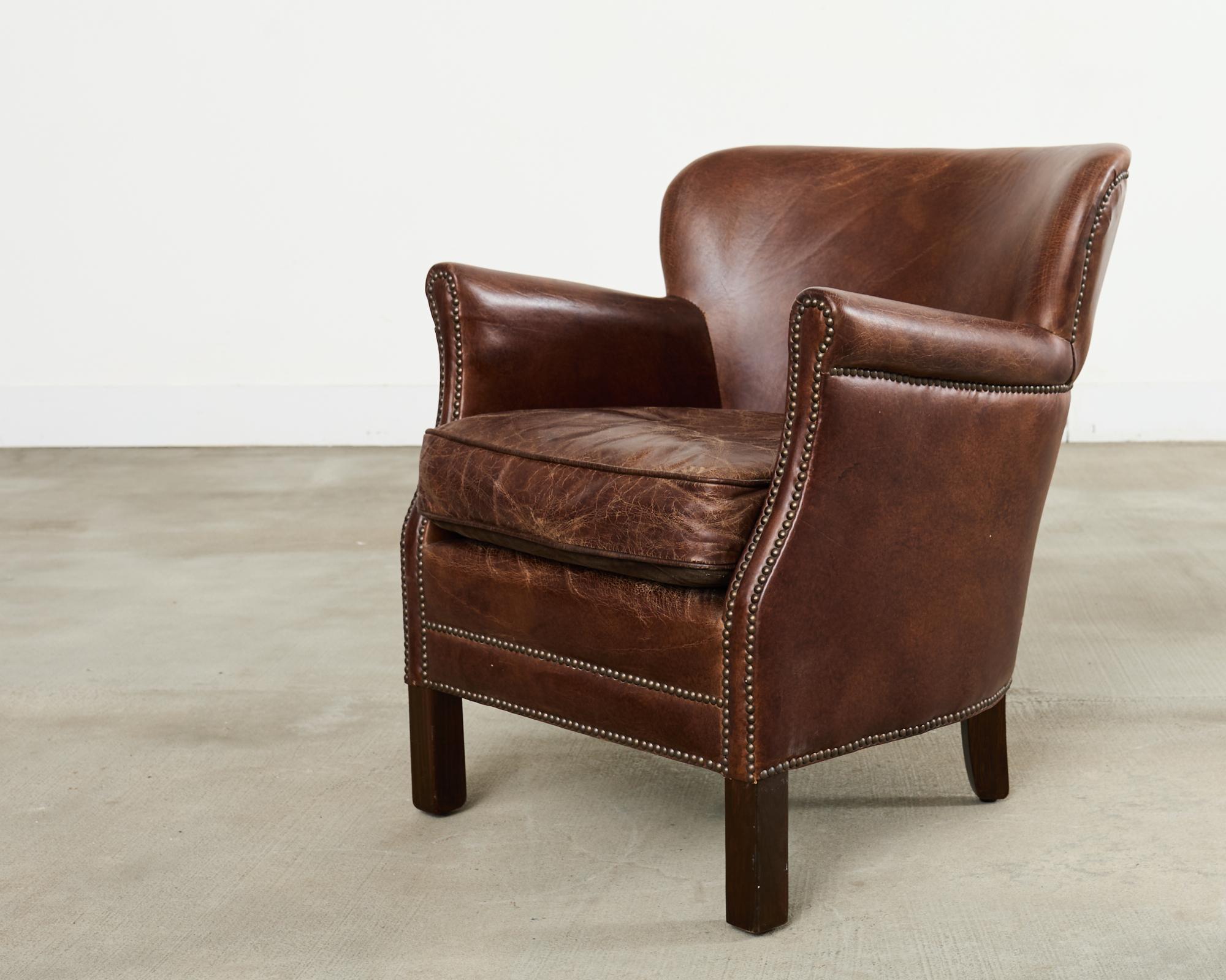 Francese French Art Deco Style Cigar Leather Wing Back Club Chair in vendita