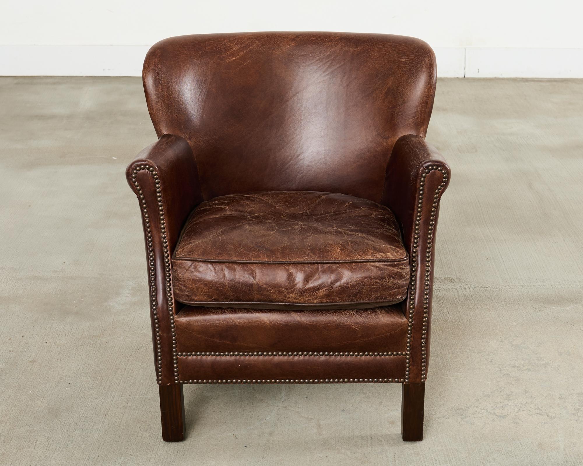 Fatto a mano French Art Deco Style Cigar Leather Wing Back Club Chair in vendita