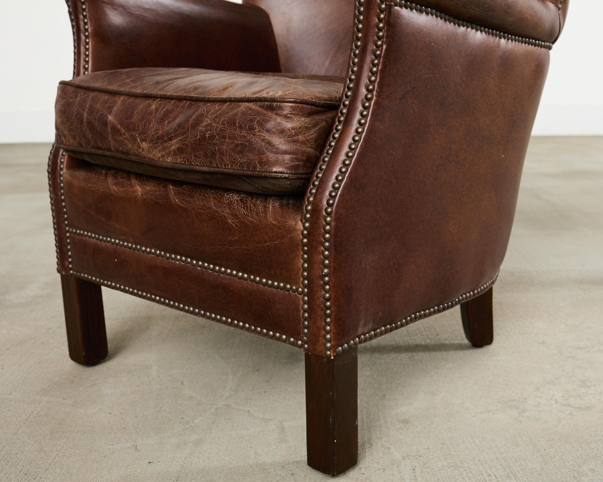 French Art Deco Style Cigar Leather Wing Back Club Chair In condizioni buone in vendita a Rio Vista, CA