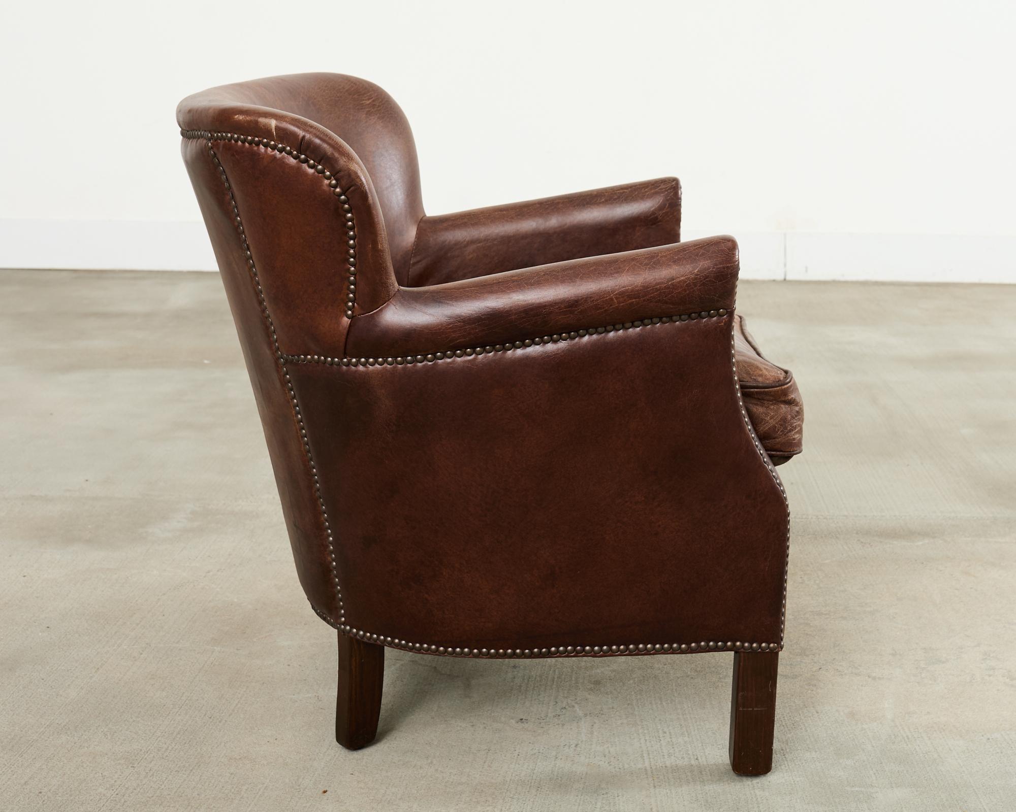 XX secolo French Art Deco Style Cigar Leather Wing Back Club Chair in vendita