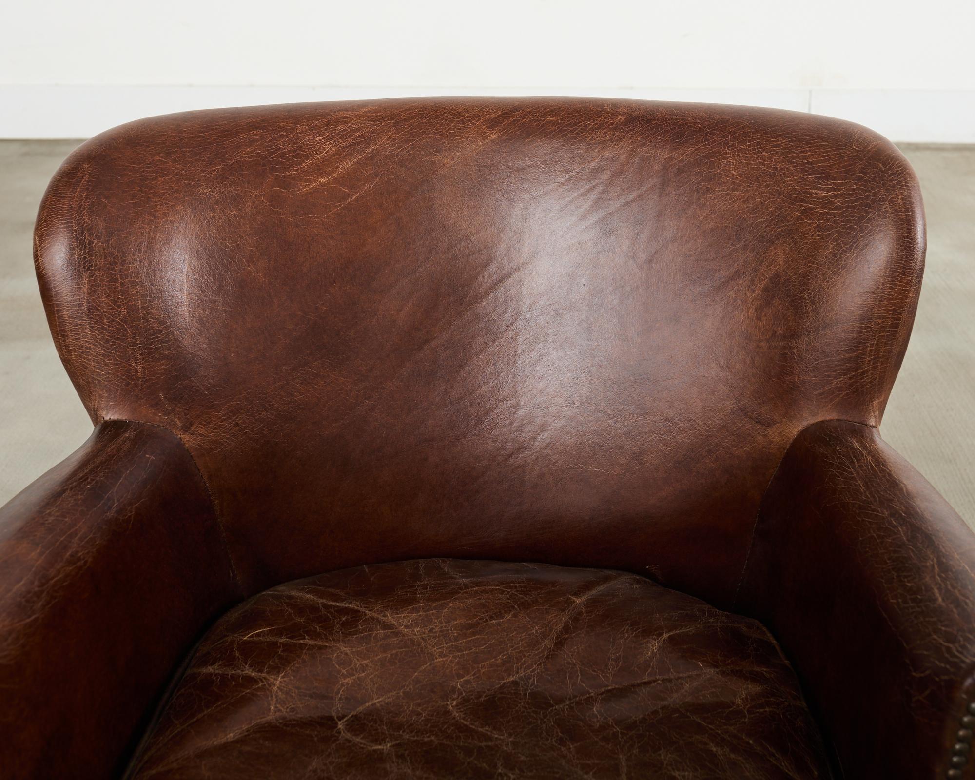 Ottone French Art Deco Style Cigar Leather Wing Back Club Chair in vendita