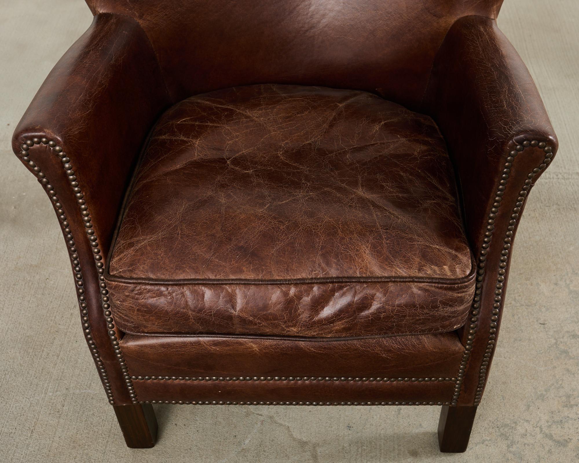 French Art Deco Style Cigar Leather Wing Back Club Chair in vendita 1