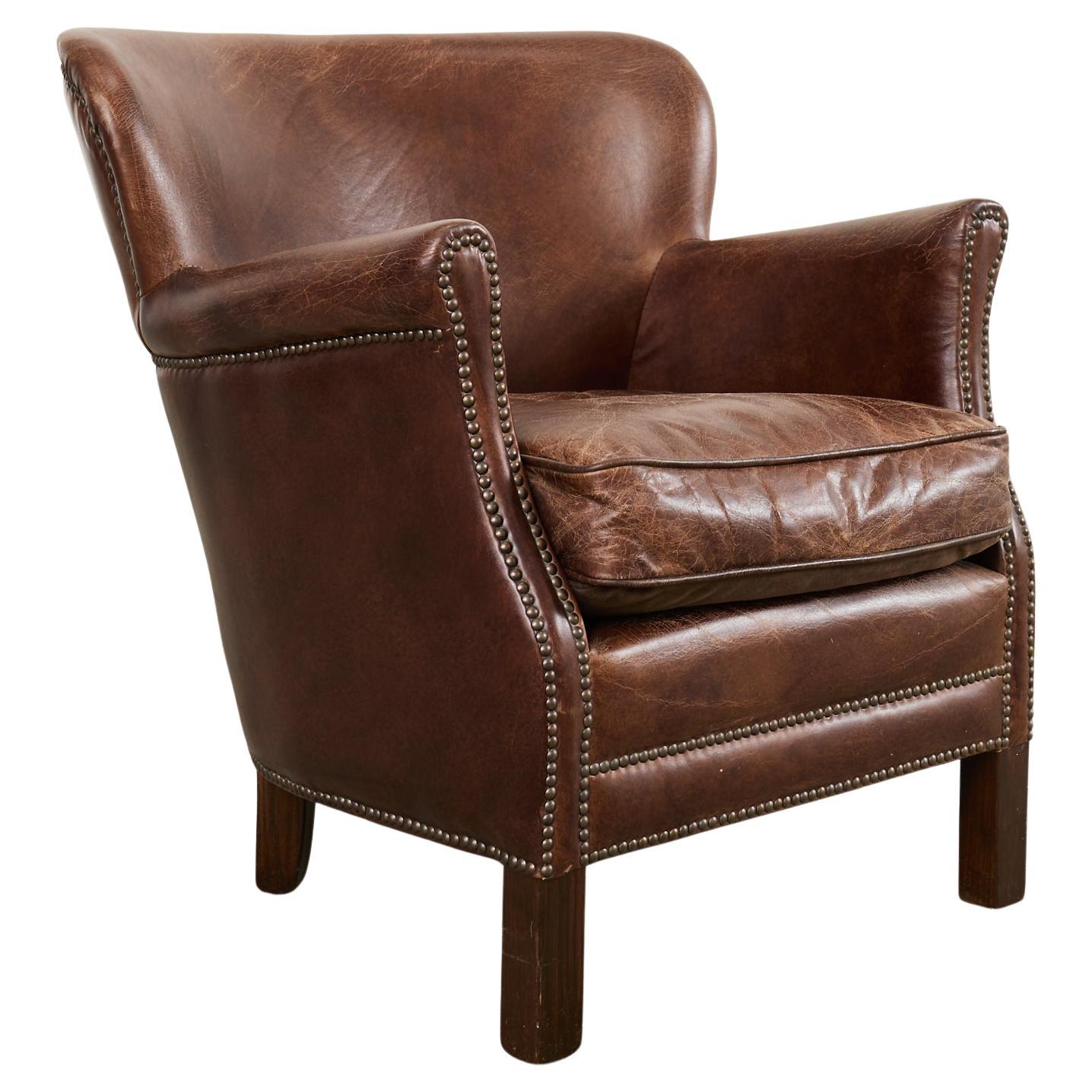 French Art Deco Style Cigar Leather Wing Back Club Chair