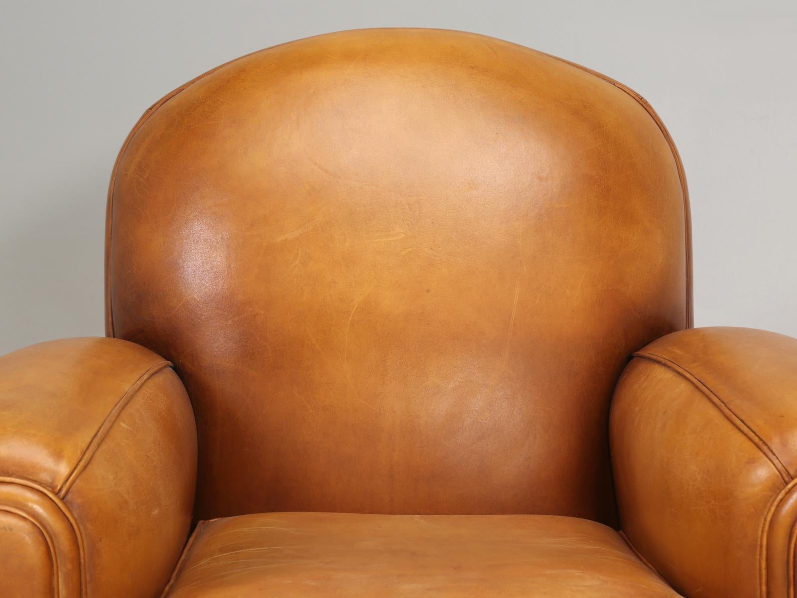French leather club chairs in the Classic Art Deco style, that are in the finest, “all original leather” condition that we have seen in over 25-years. We began shopping for French leather club chairs over 30-years ago and finding a pair this