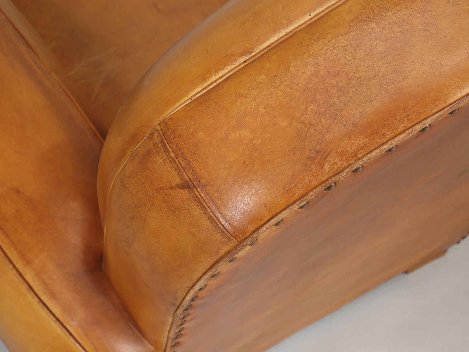 French All Original Leather Club Chairs, Simply the Finest Pair We've Ever Had In Good Condition In Chicago, IL