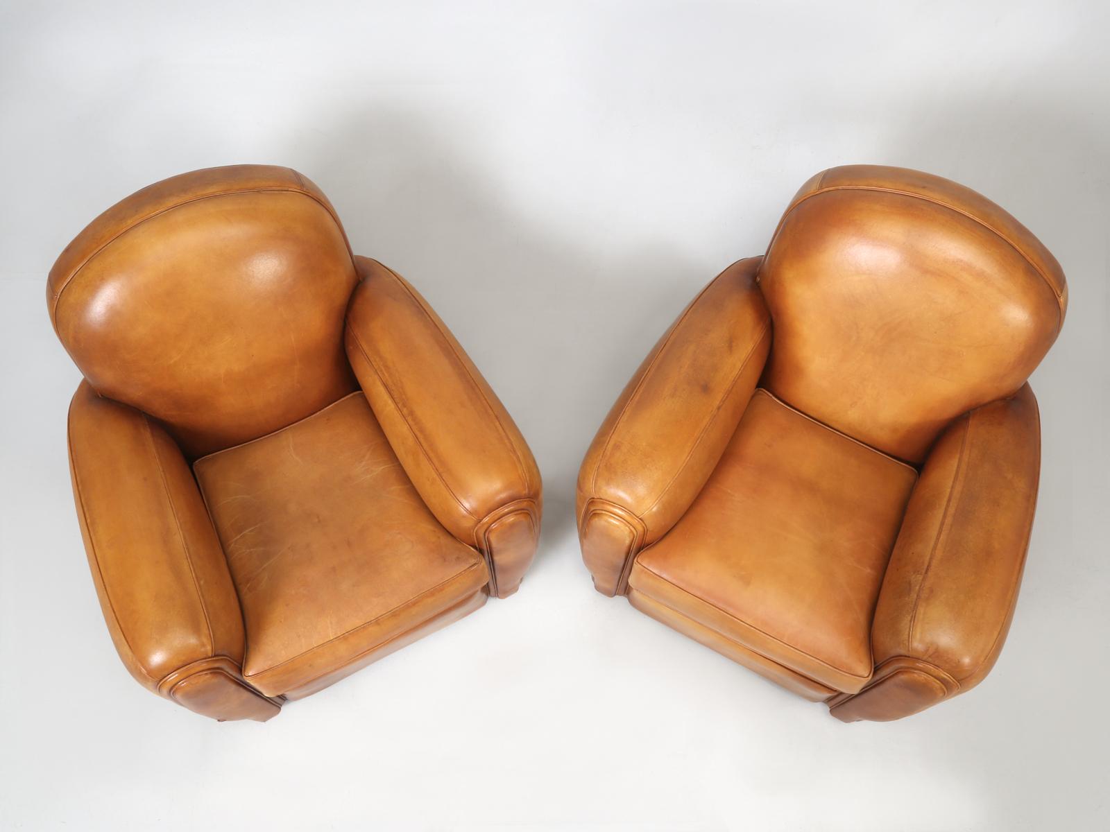Mid-20th Century French All Original Leather Club Chairs, Simply the Finest Pair We've Ever Had