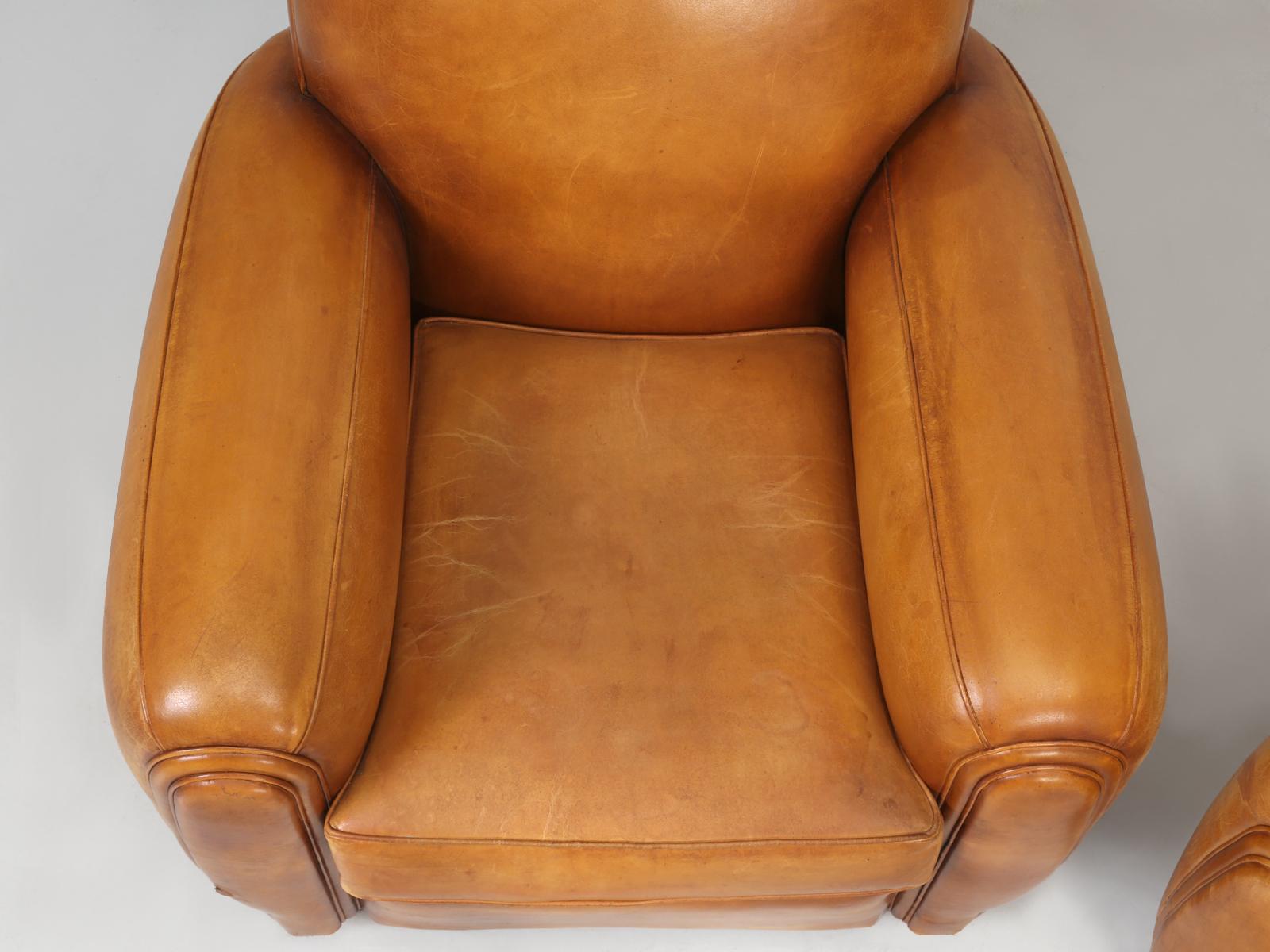 French All Original Leather Club Chairs, Simply the Finest Pair We've Ever Had 1