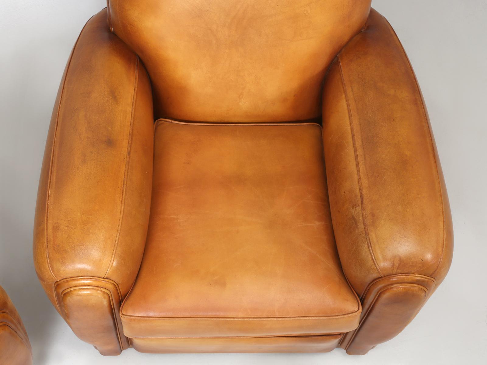 French All Original Leather Club Chairs, Simply the Finest Pair We've Ever Had 3