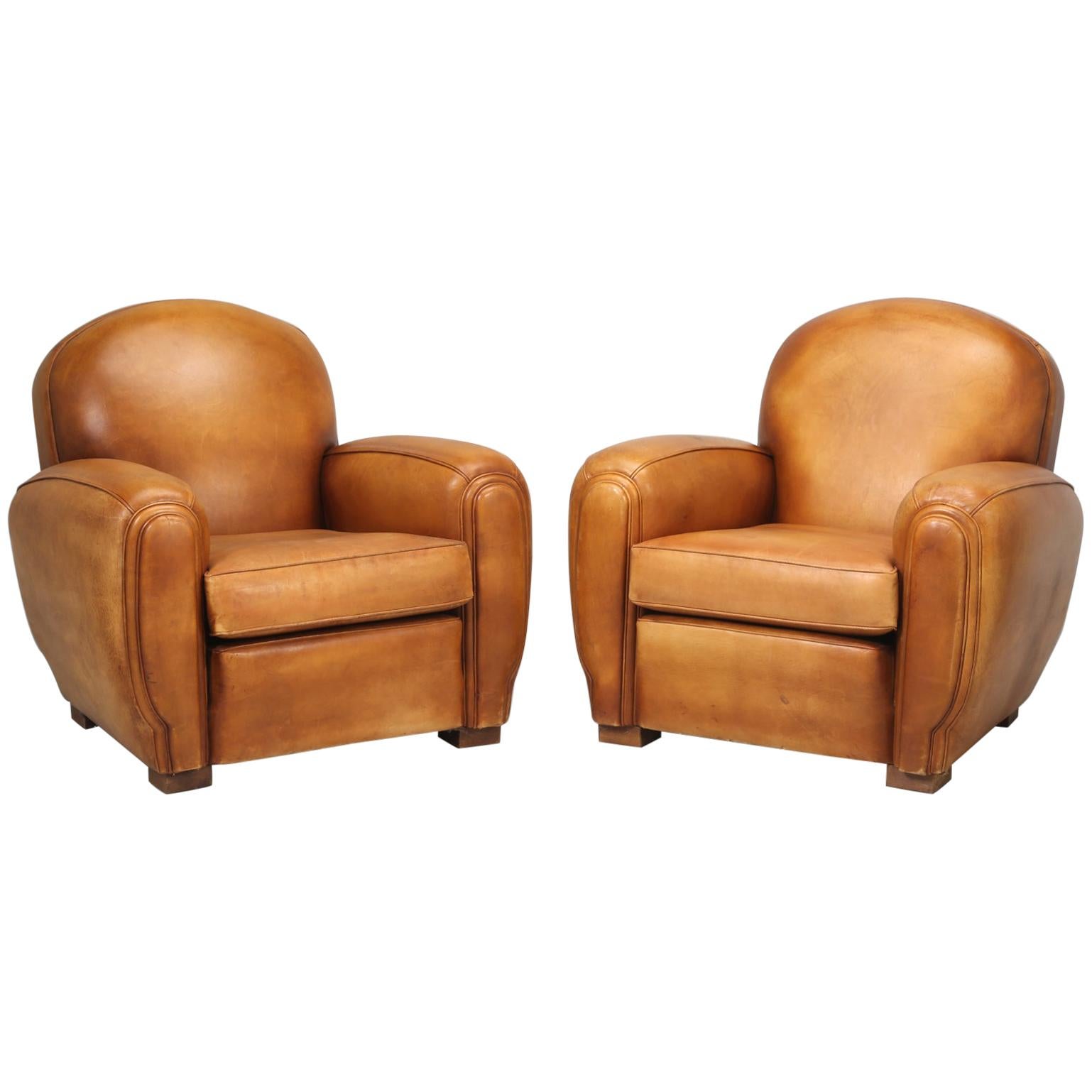 French All Original Leather Club Chairs, Simply the Finest Pair We've Ever Had