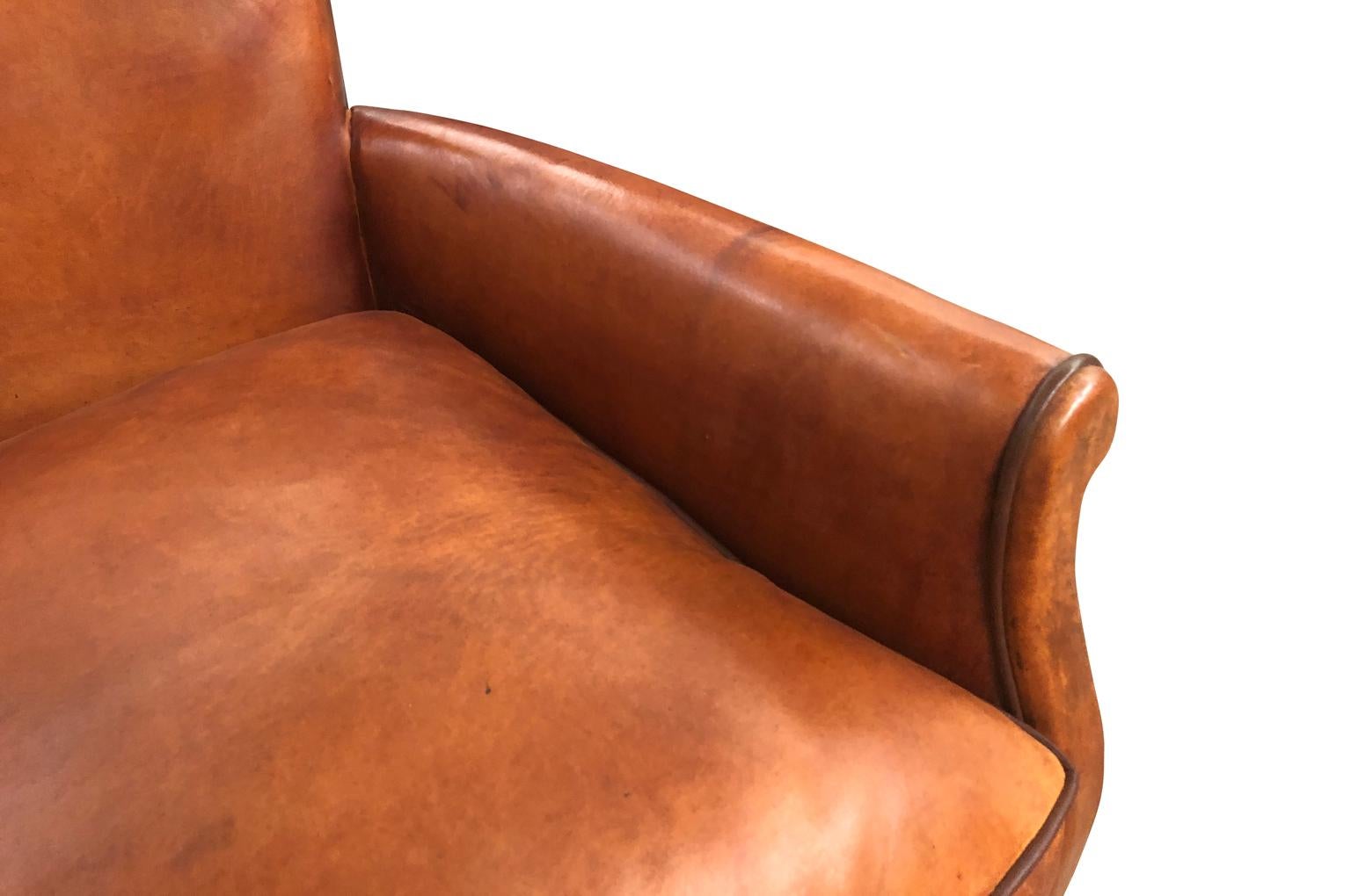 Leather French Art Deco Style Club Sofa