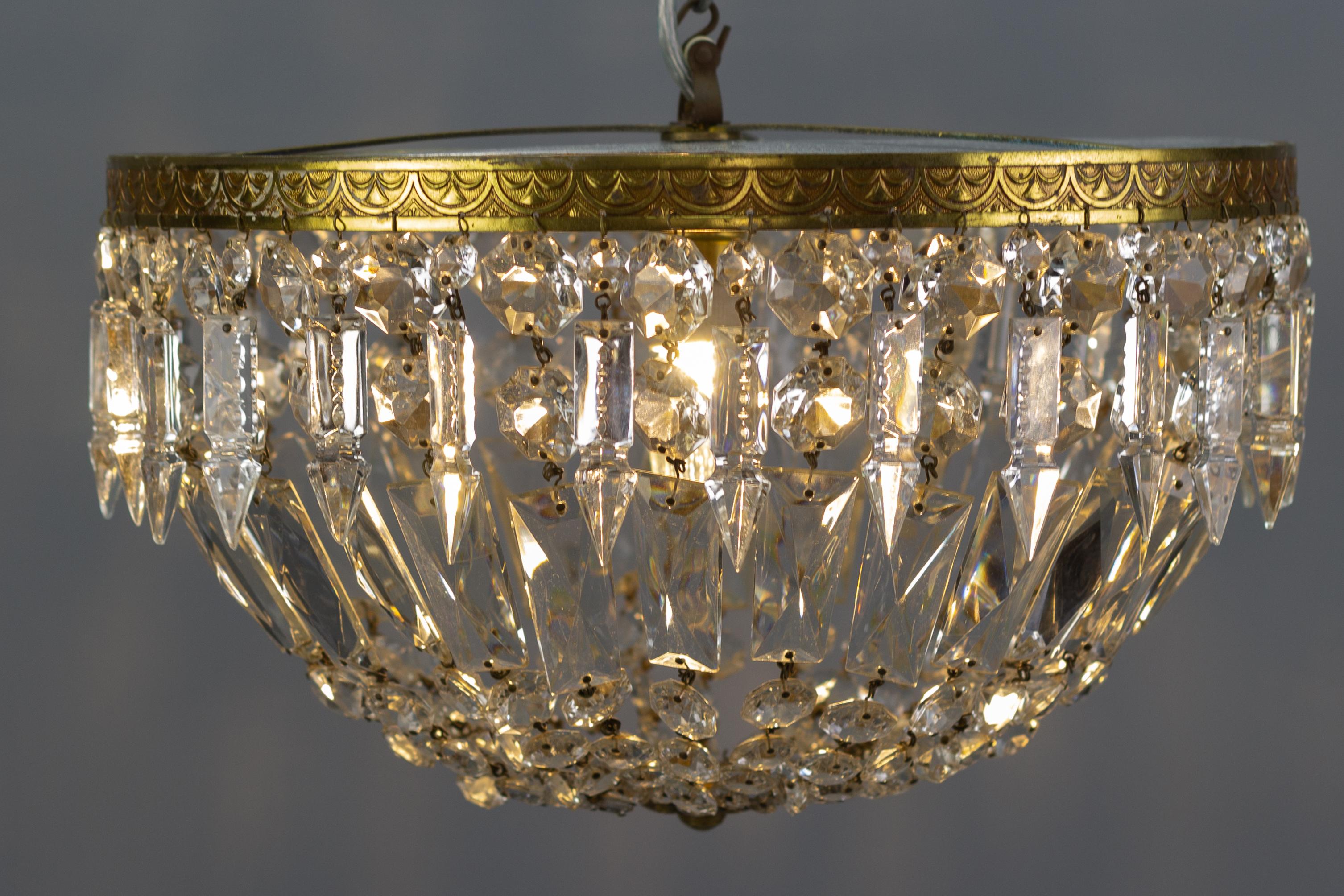 French Art Deco Style Crystal Glass and Brass Basket Flush Mount Ceiling Fixture 2