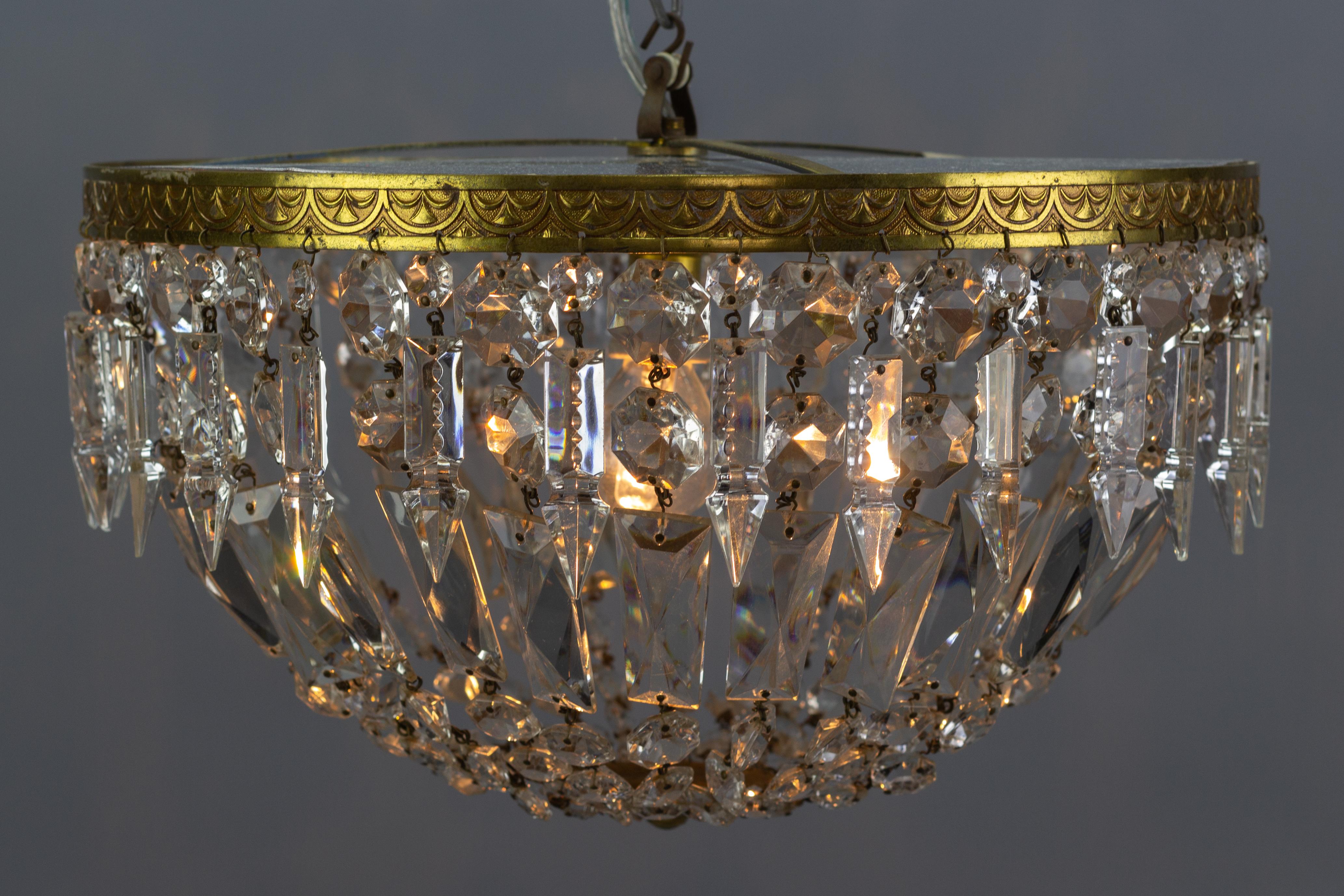 French Art Deco Style Crystal Glass and Brass Basket Flush Mount Ceiling Fixture 3