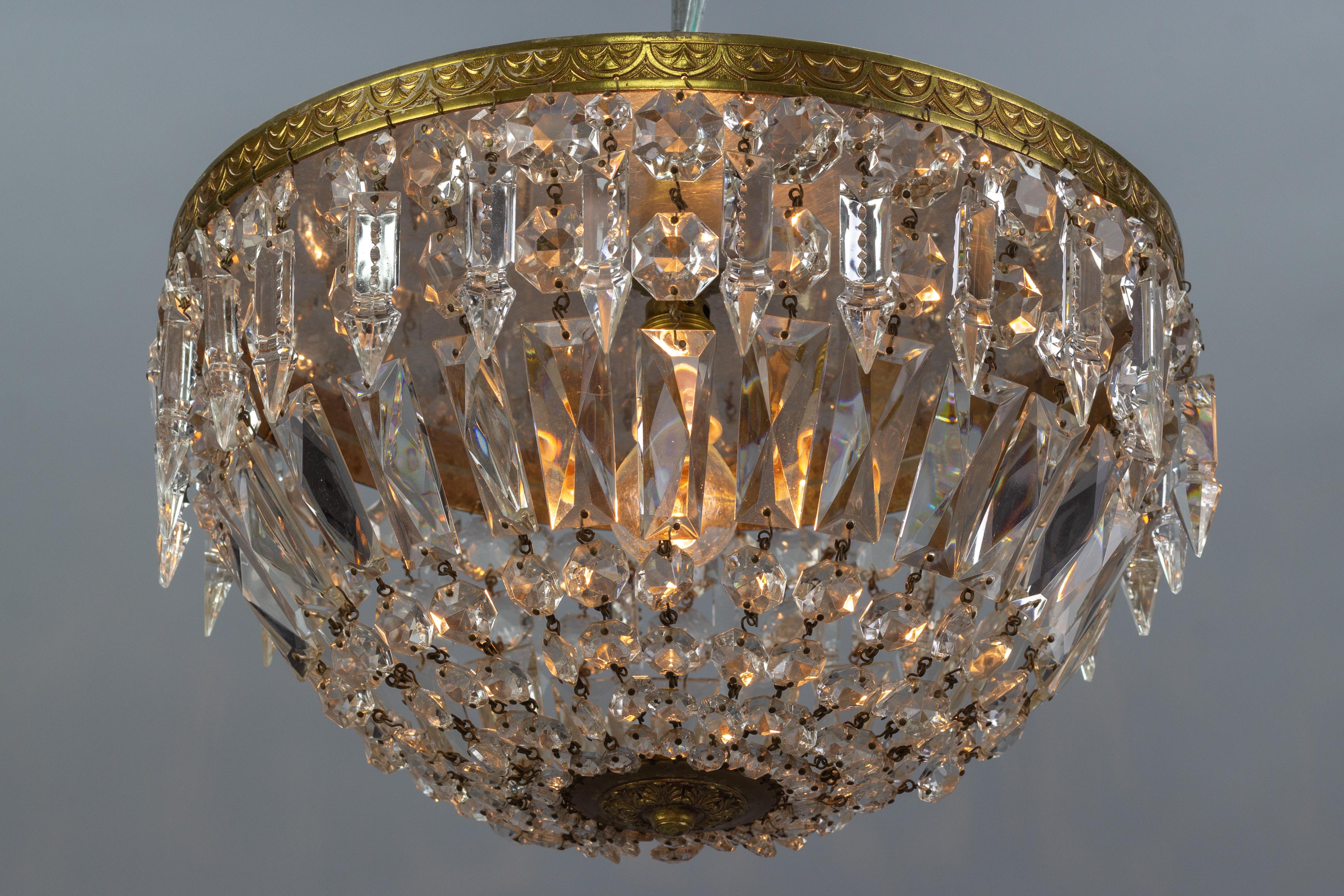 French Art Deco Style Crystal Glass and Brass Basket Flush Mount Ceiling Fixture 5