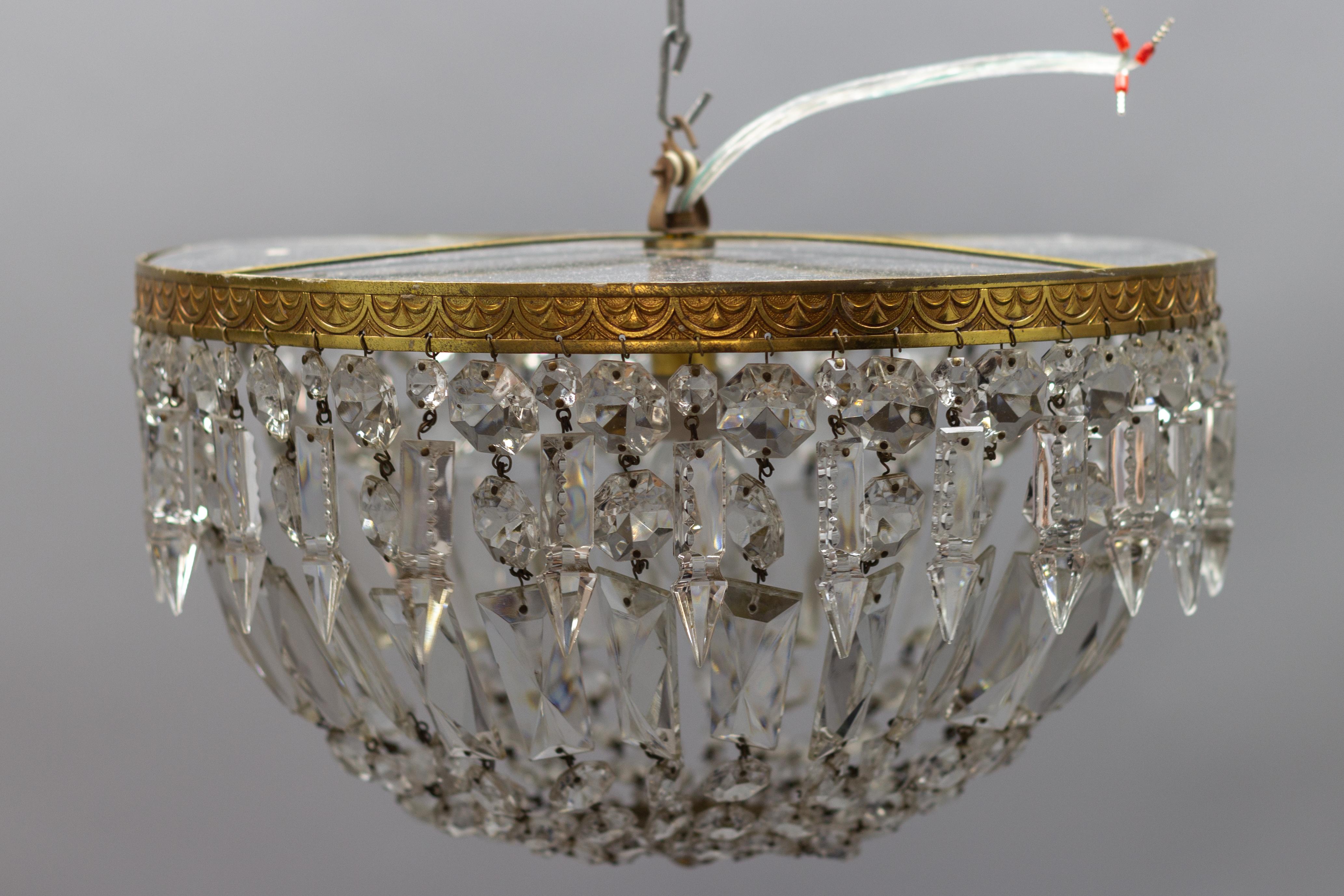 French Art Deco Style Crystal Glass and Brass Basket Flush Mount Ceiling Fixture 7