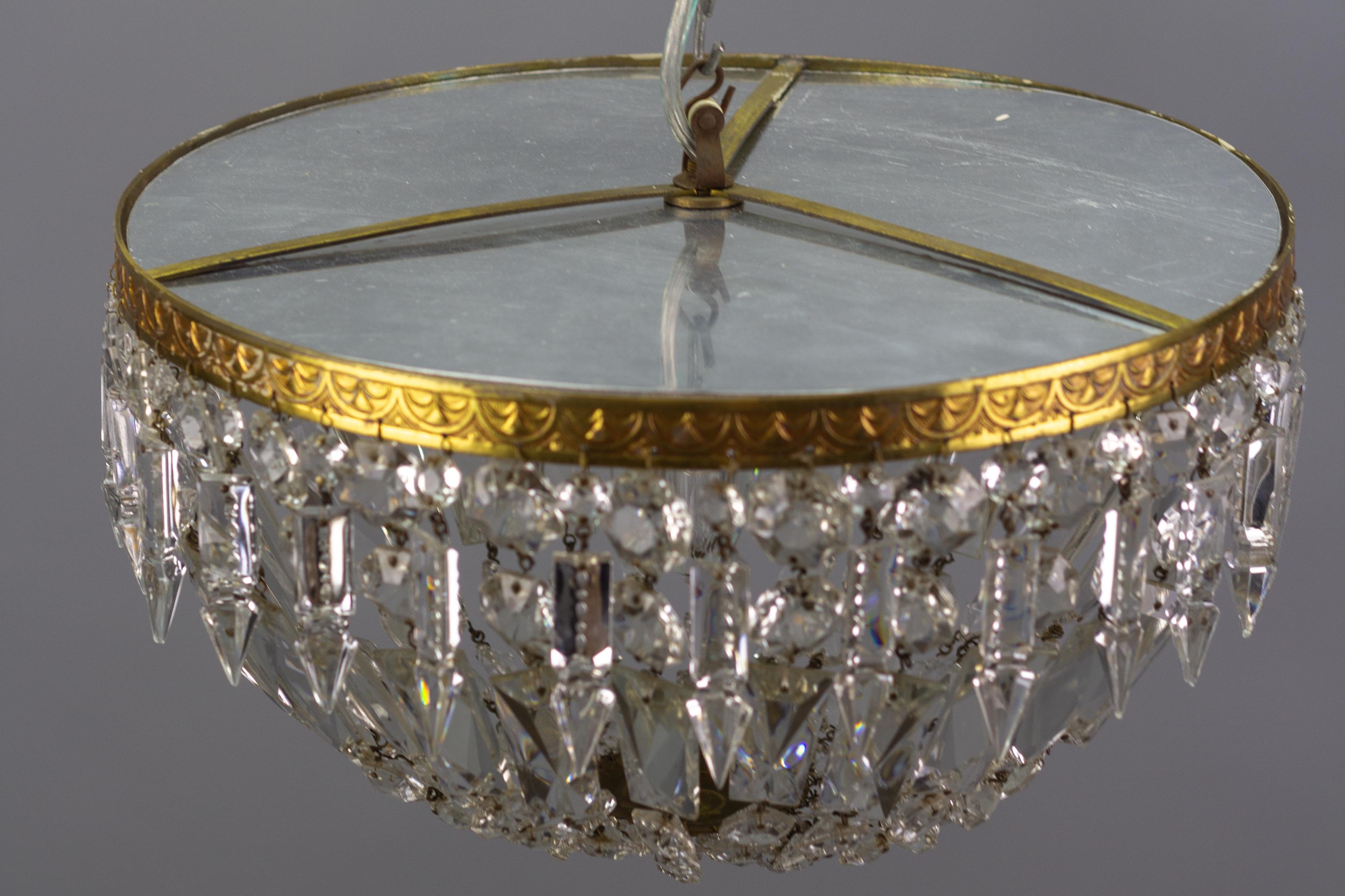 French Art Deco Style Crystal Glass and Brass Basket Flush Mount Ceiling Fixture 8